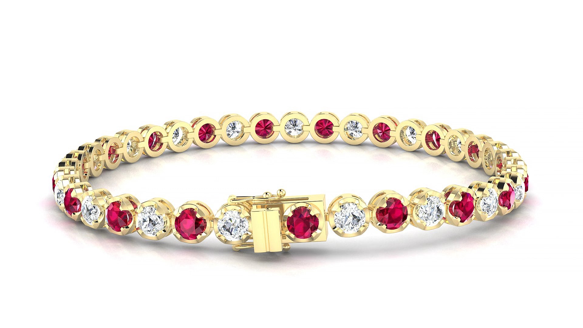 Bengal 1-1 | 18k Yellow Gold 3.4 mm Round Natural Ruby & Diamond 15 cm Tennis Bracelet