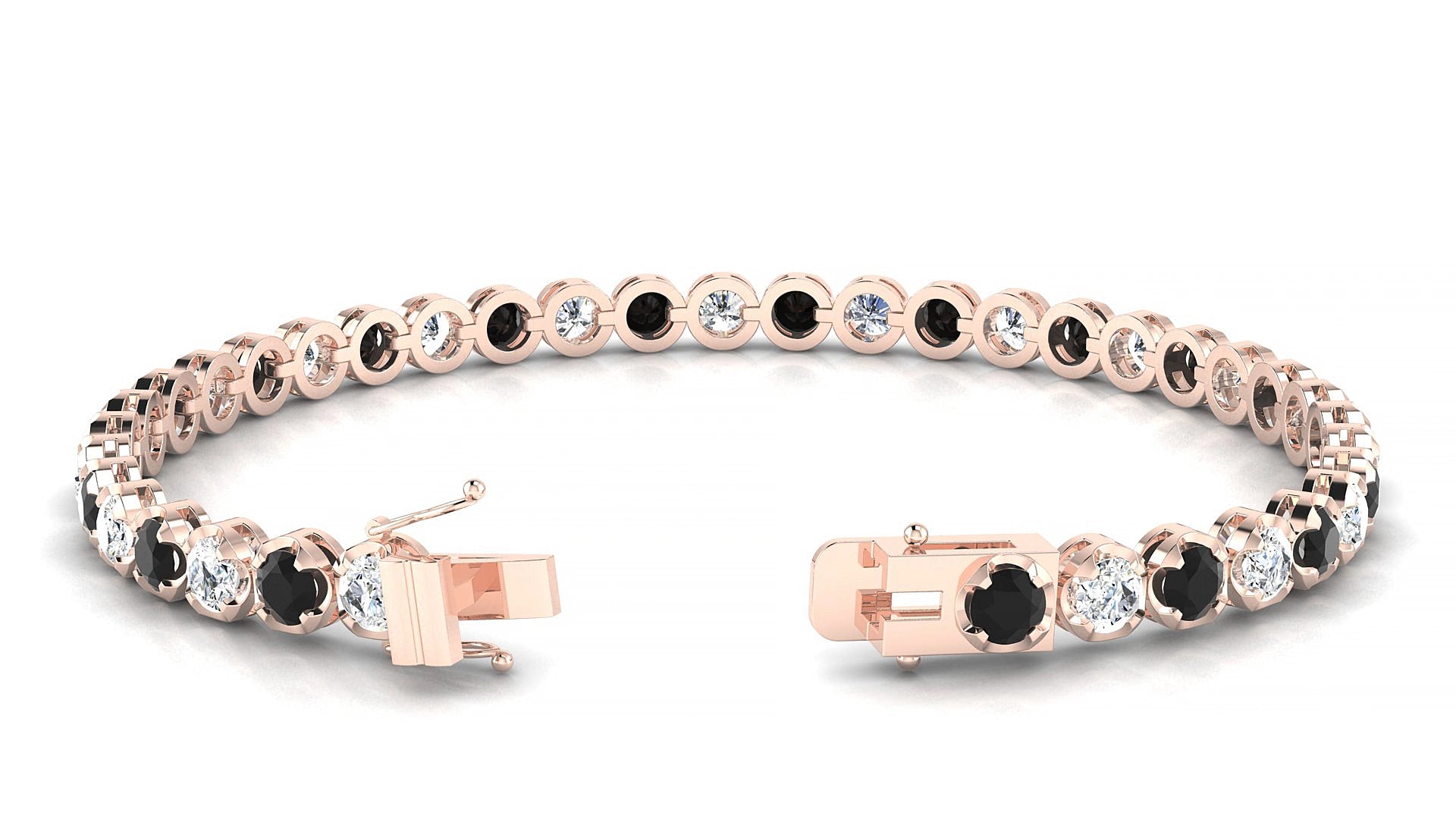 Bengal 1-1 | 18k Rose Gold 3.4 mm Round Natural Black Diamond & Diamond 15 cm Tennis Bracelet