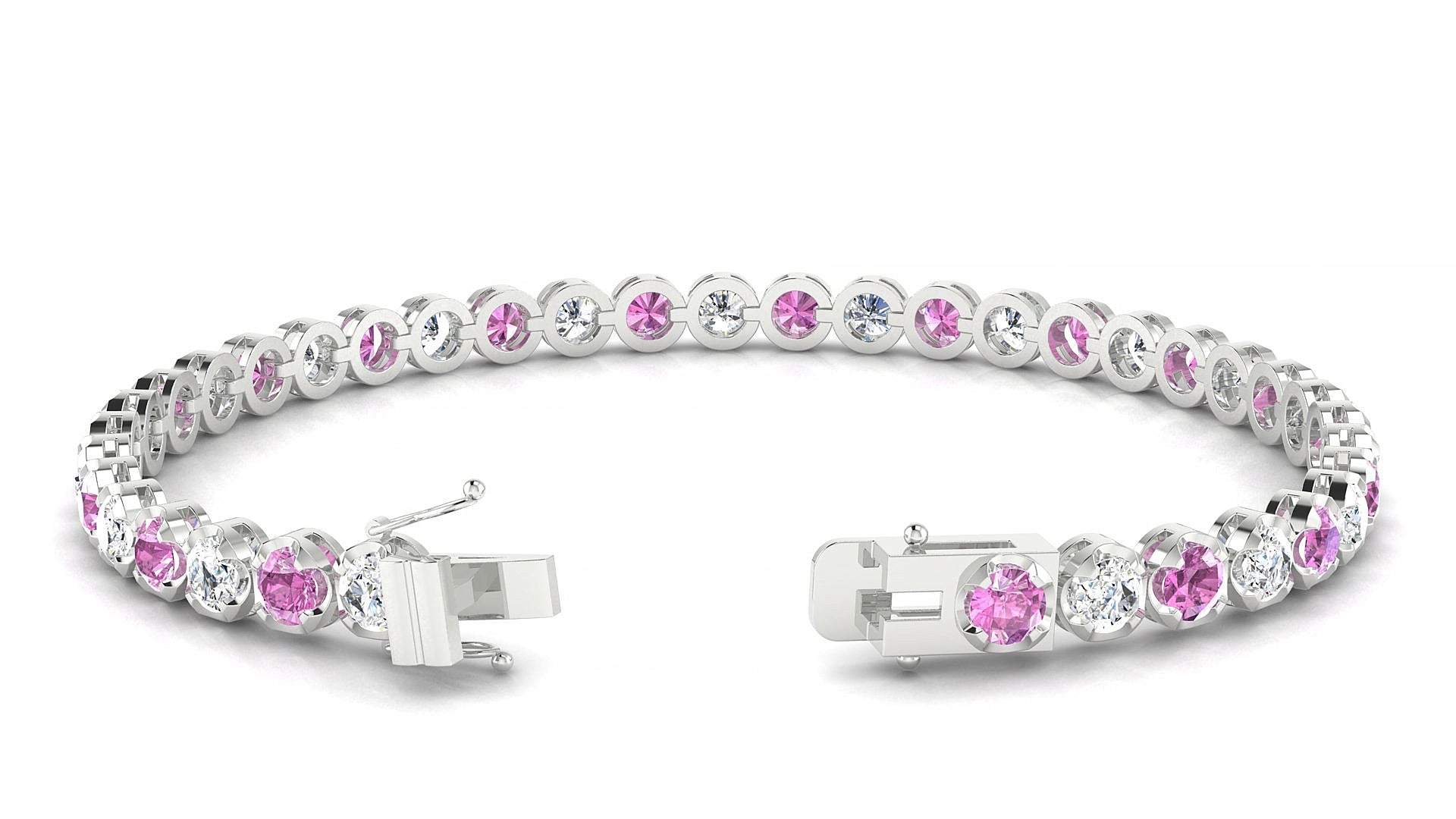 Bengal 1-1 | 18k White Gold 3.4 mm Round Natural Pink Sapphire & Diamond 18 cm Tennis Bracelet