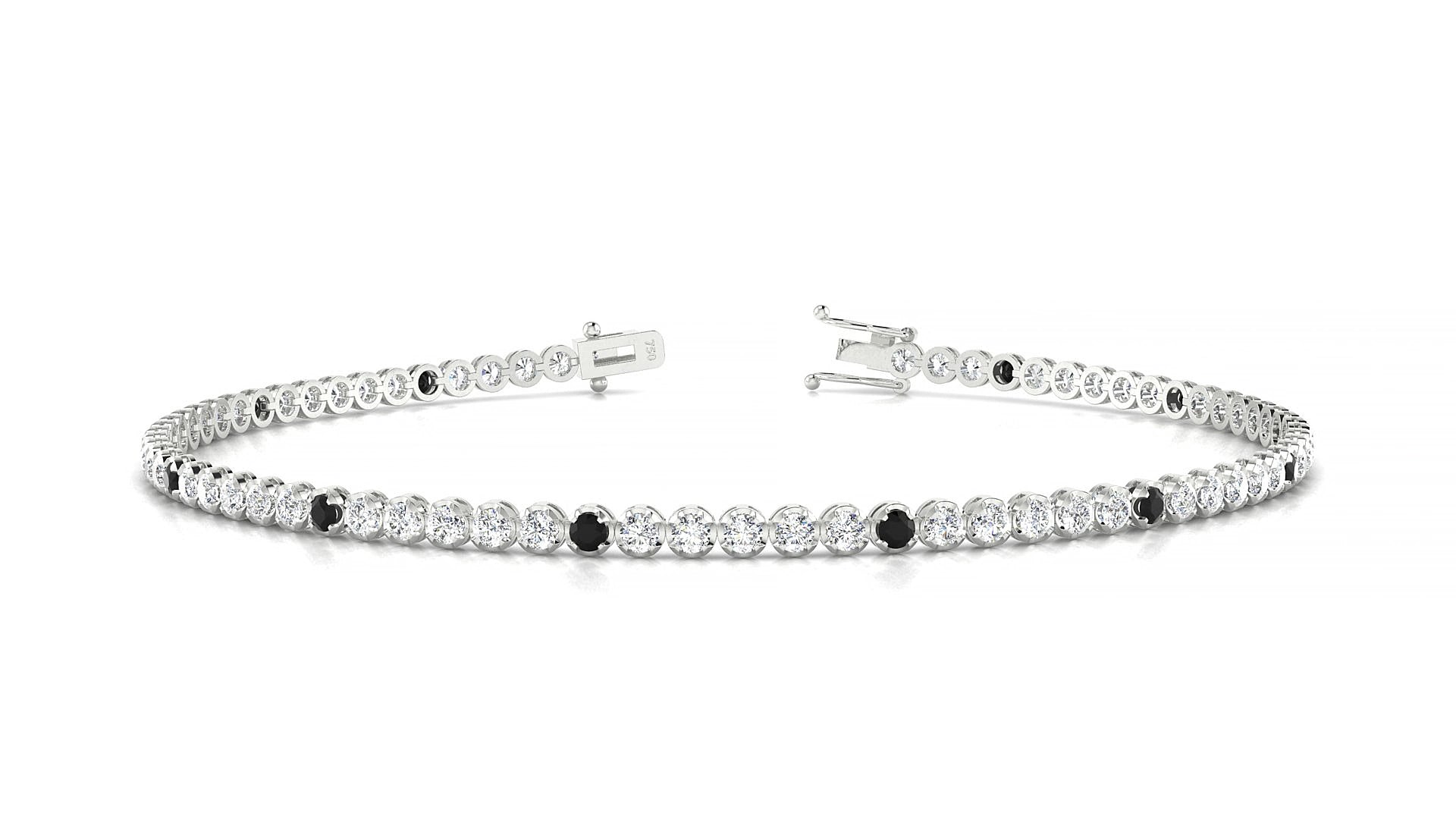 Bengal 1-5 | 18k White Gold 1.7 mm Round Natural Black Diamond & Diamond 15 cm Tennis Bracelet