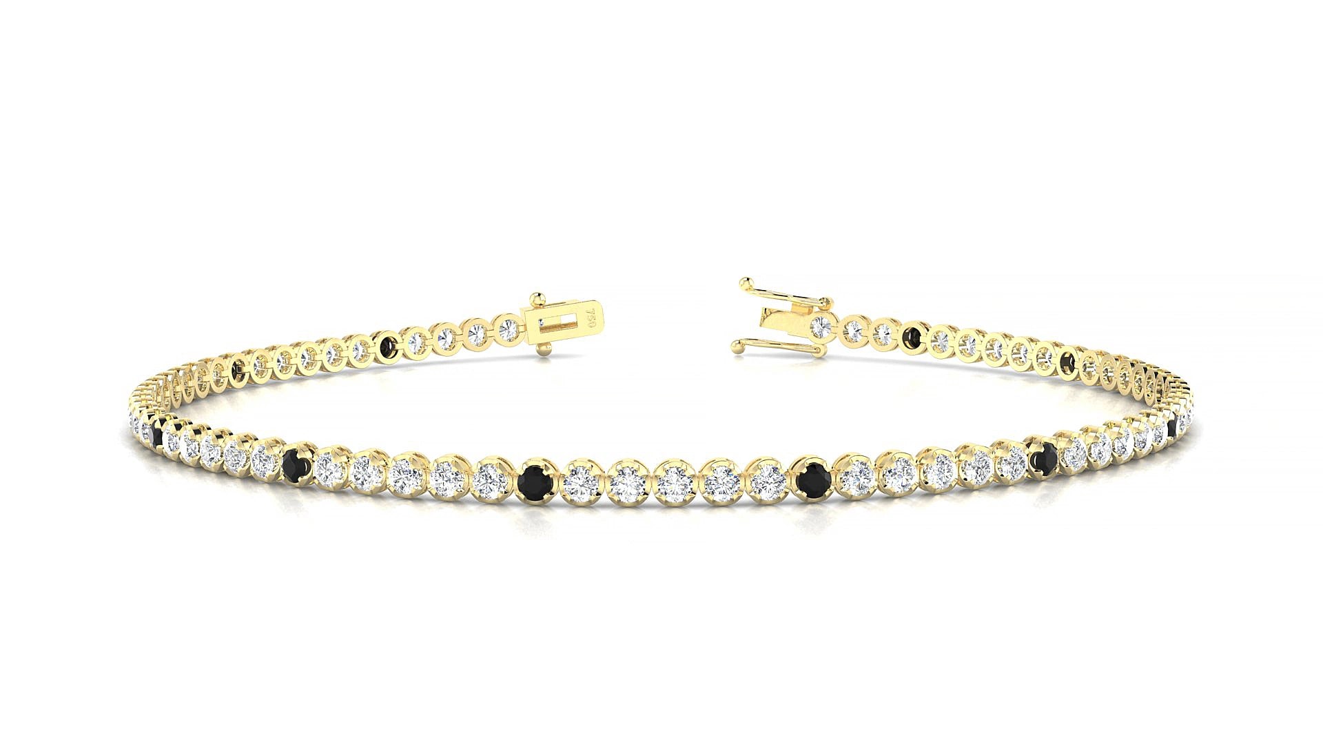 Bengal 1-5 | 18k Yellow Gold 1.7 mm Round Natural Black Diamond & Diamond 15 cm Tennis Bracelet