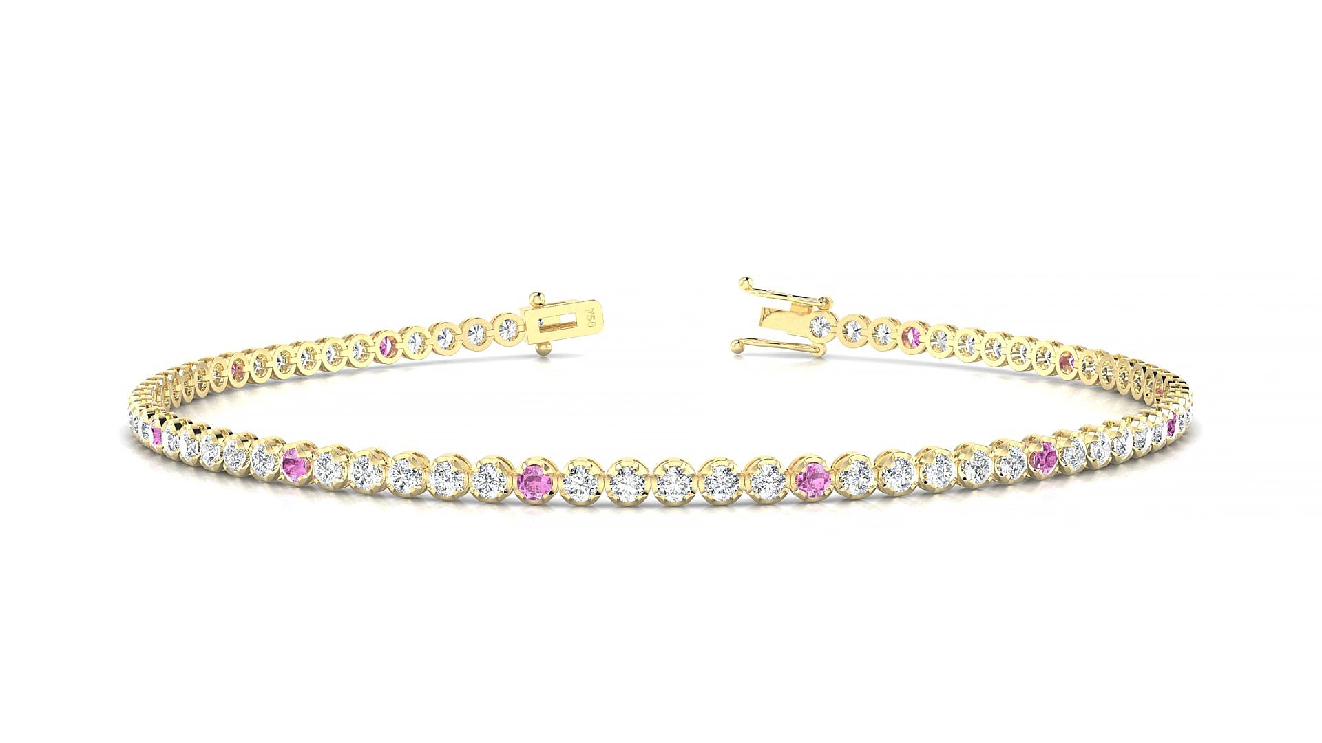 Bengal 1-5 | 18k Yellow Gold 1.7 mm Round Natural Pink Sapphire & Diamond 18 cm Tennis Bracelet