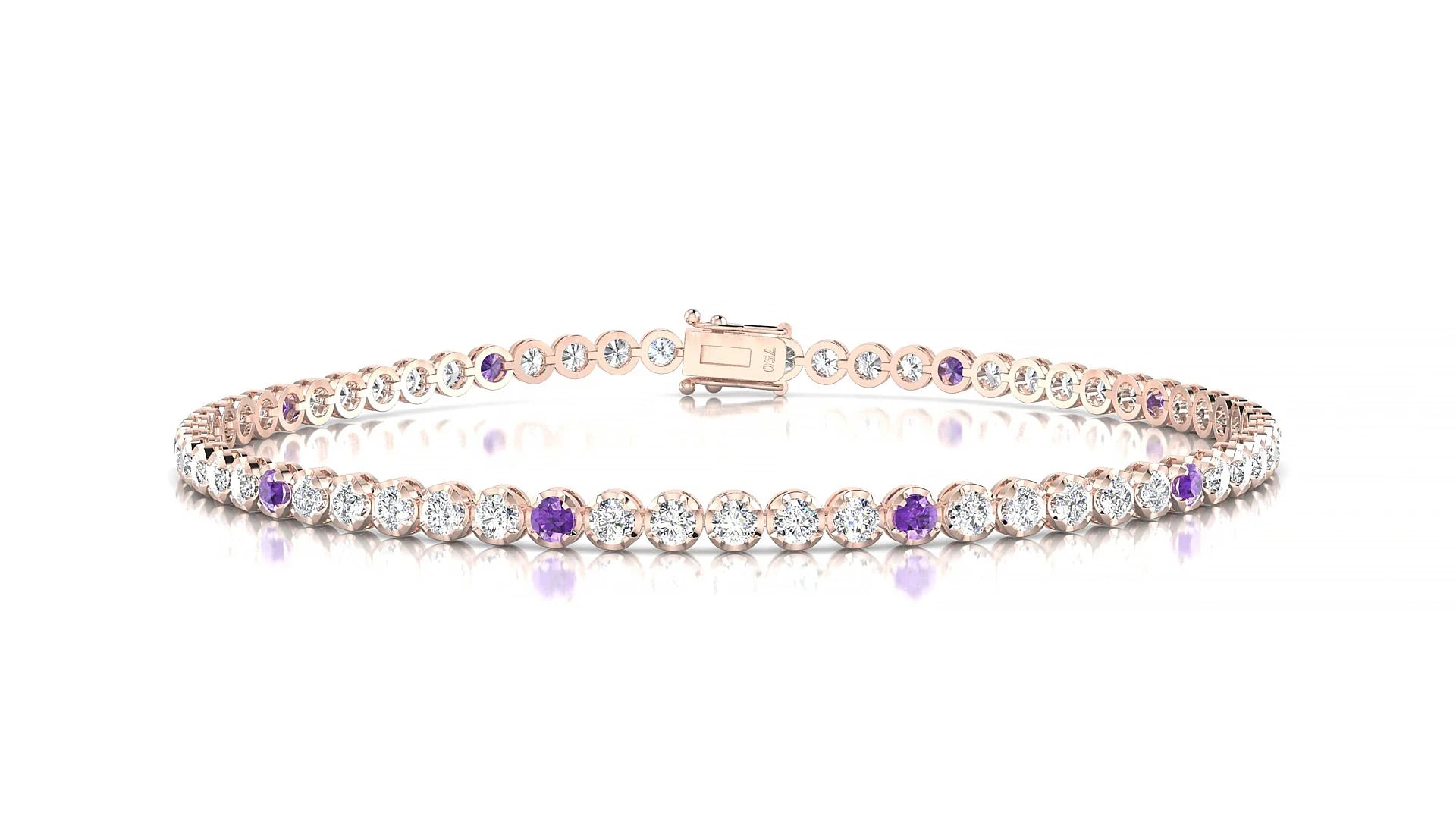 Bengal 1-5 | 18k Rose Gold 2 mm Round Natural Amethyst & Diamond Tennis Bracelet