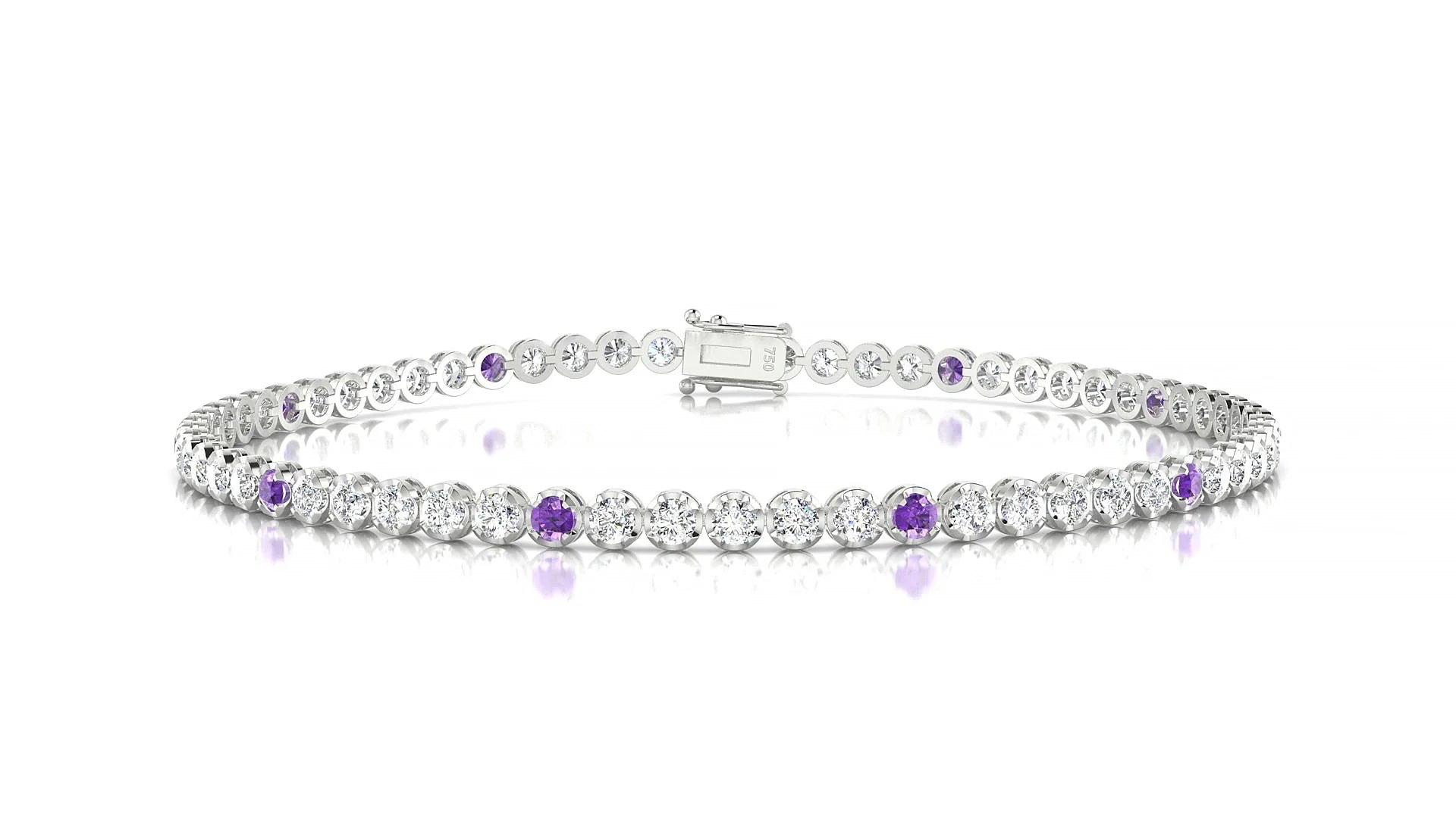 Bengal 1-5 | 18k White Gold 2 mm Round Natural Amethyst & Diamond Tennis Bracelet