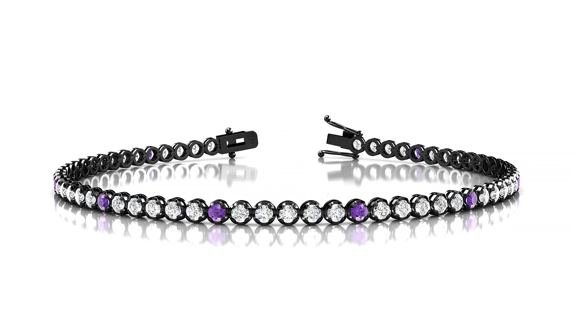 Bengal 1-5 | 18k Black Gold 2 mm Round Natural Amethyst & Diamond 20 cm Tennis Bracelet