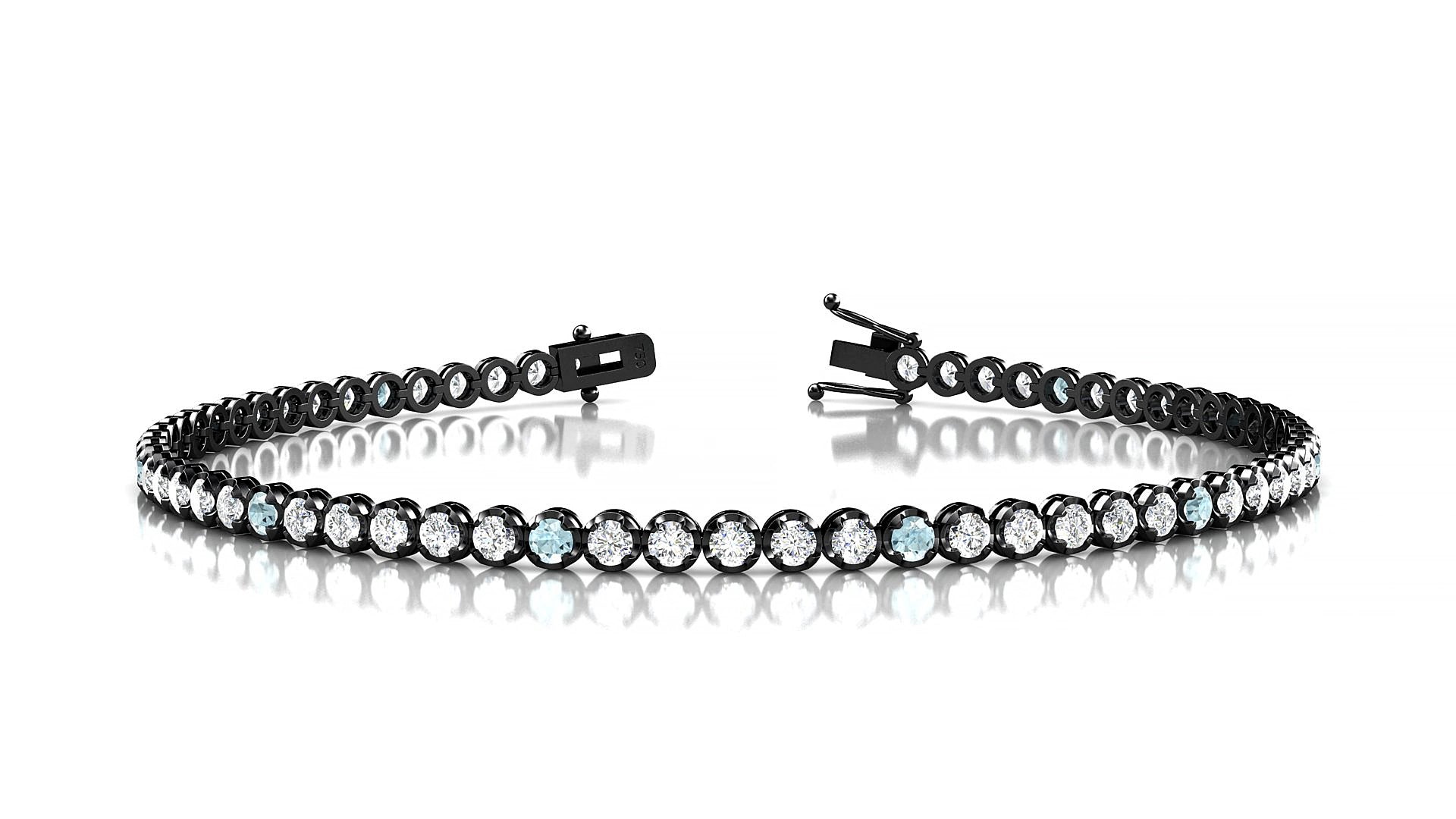 Bengal 1-5 | 18k Black Gold 2 mm Round Natural Aquamarine & Diamond 15 cm Tennis Bracelet