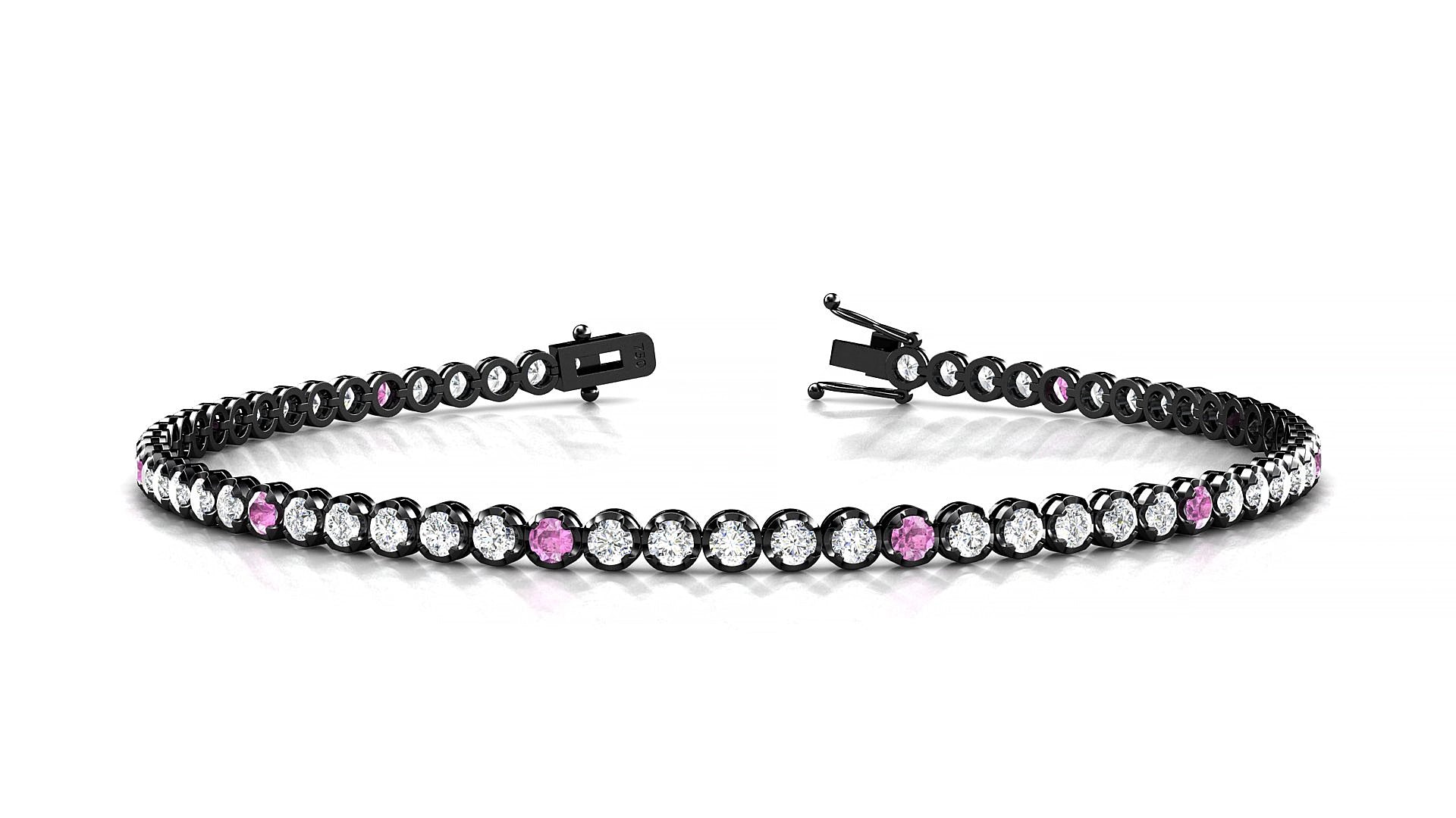 Bengal 1-5 | 18k Black Gold 2 mm Round Natural Pink Sapphire & Diamond 18 cm Tennis Bracelet