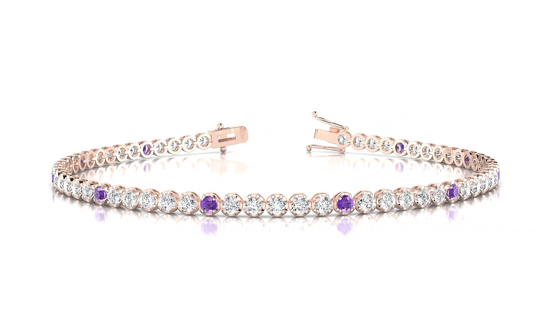 Bengal 1-5 | 18k Rose Gold 2 mm Round Natural Amethyst & Diamond 17 cm Tennis Bracelet