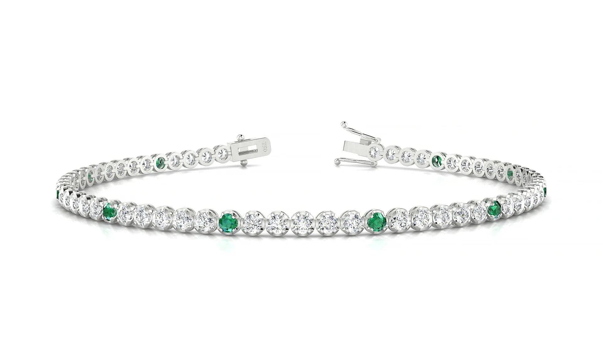 Bengal 1-5 | 18k White Gold 2 mm Round Natural Emerald & Diamond Tennis Bracelet