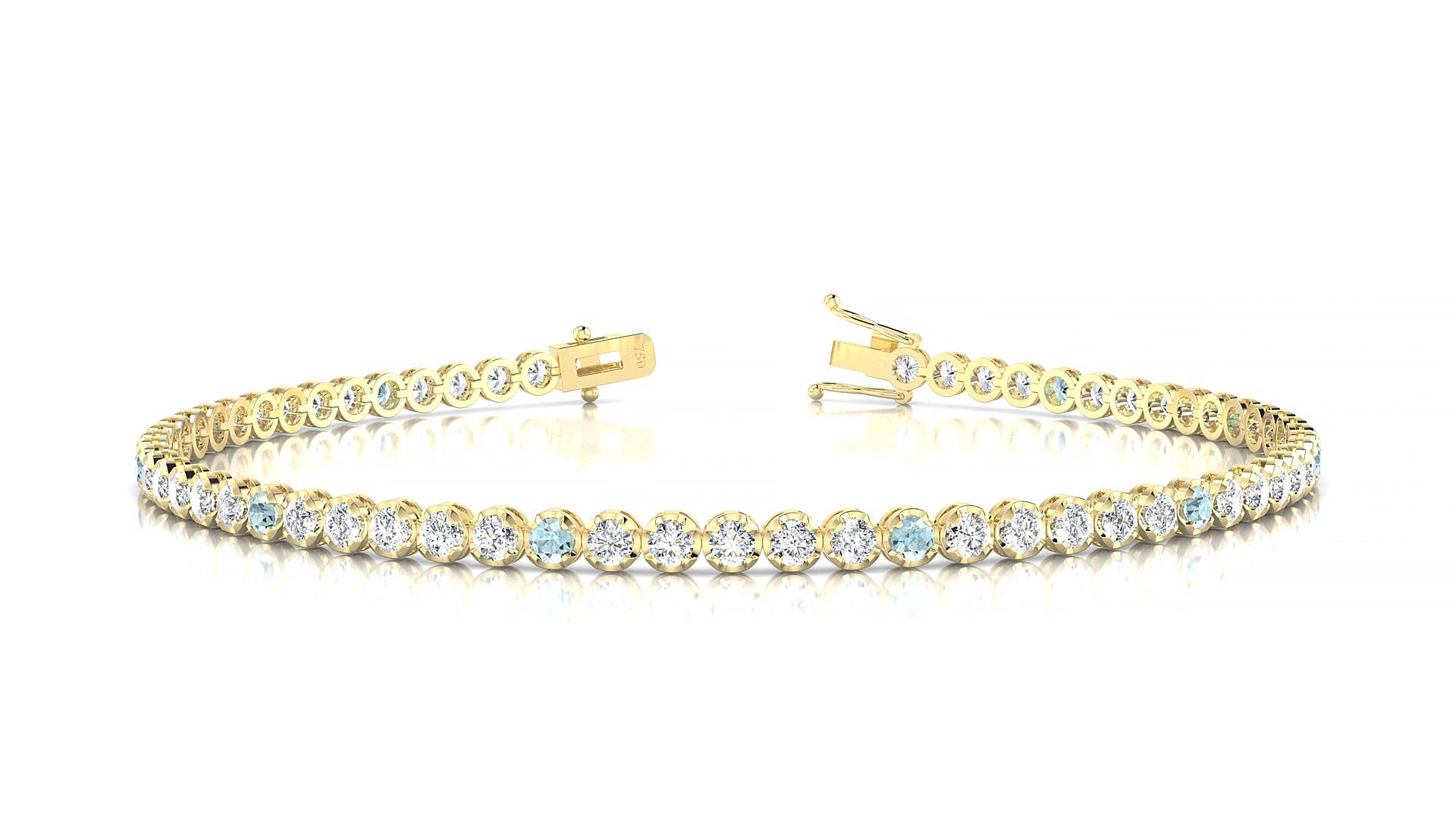 Bengal 1-5 | 18k Yellow Gold 2 mm Round Natural Aquamarine & Diamond 15 cm Tennis Bracelet