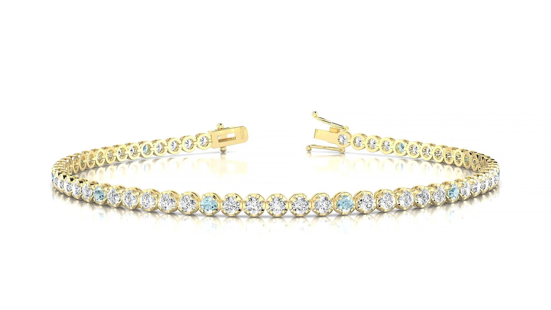 Bengal 1-5 | 18k Yellow Gold 2 mm Round Natural Aquamarine & Diamond Tennis Bracelet