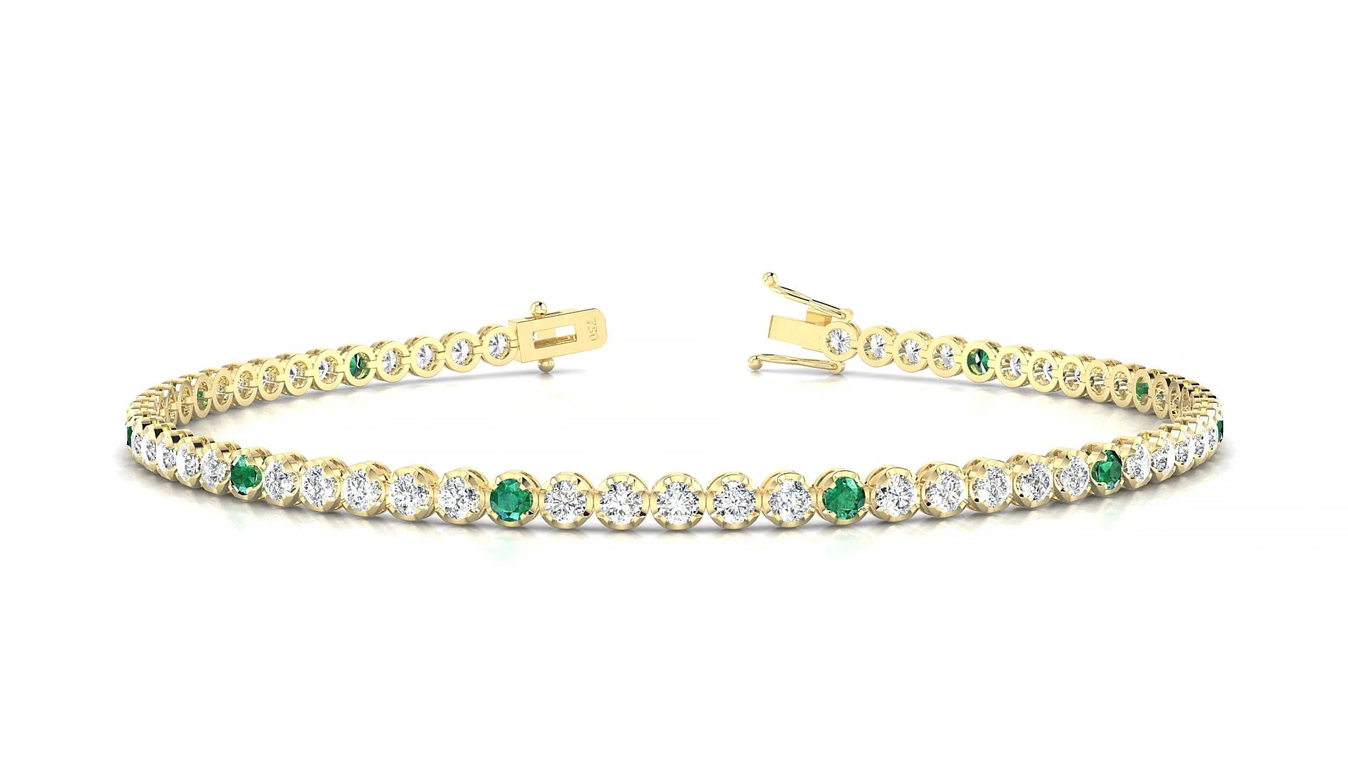 Bengal 1-5 | 18k Yellow Gold 2 mm Round Natural Emerald & Diamond Tennis Bracelet