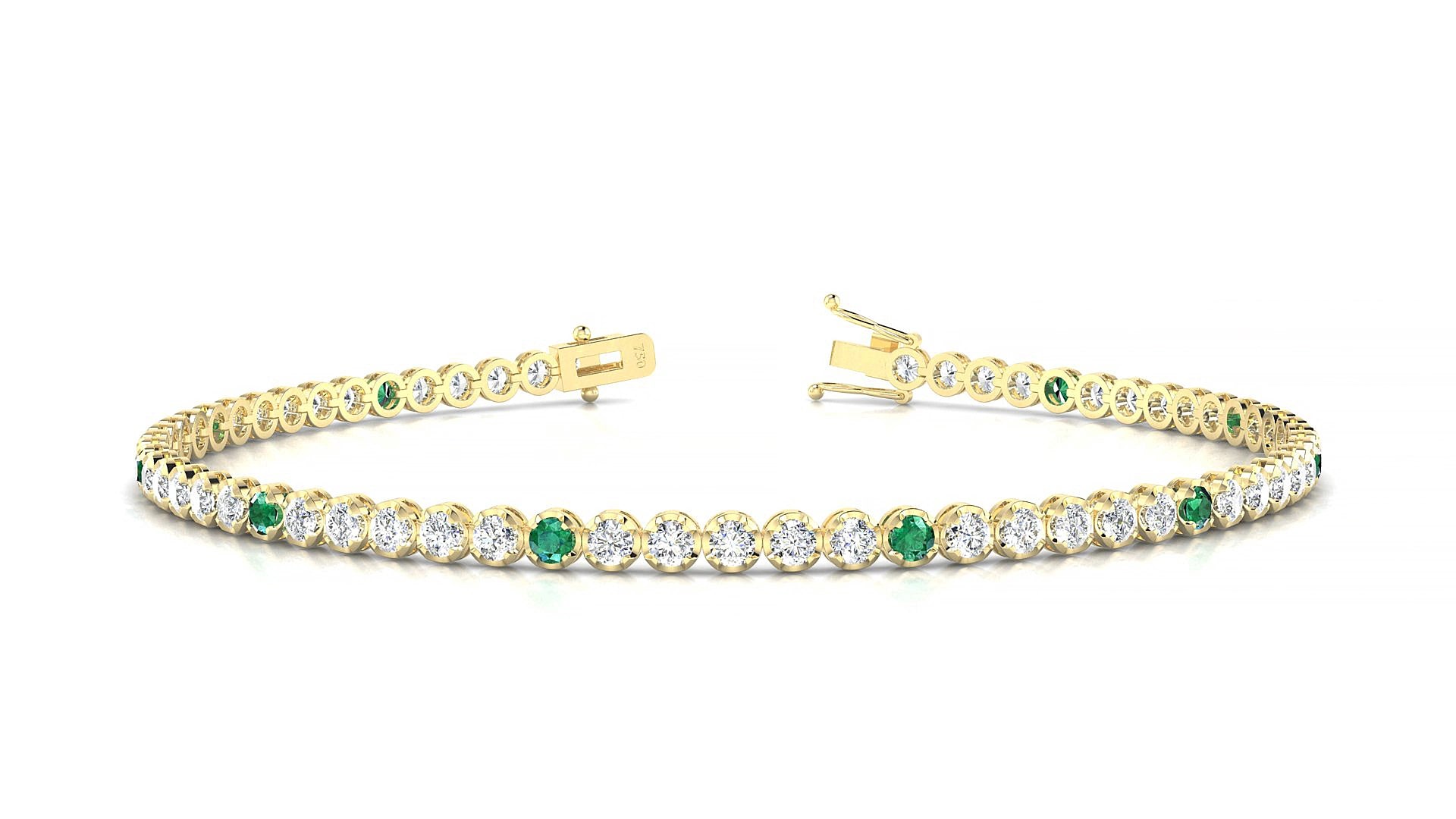 Bengal 1-5 | 18k Yellow Gold 2 mm Round Natural Emerald & Diamond 15 cm Tennis Bracelet