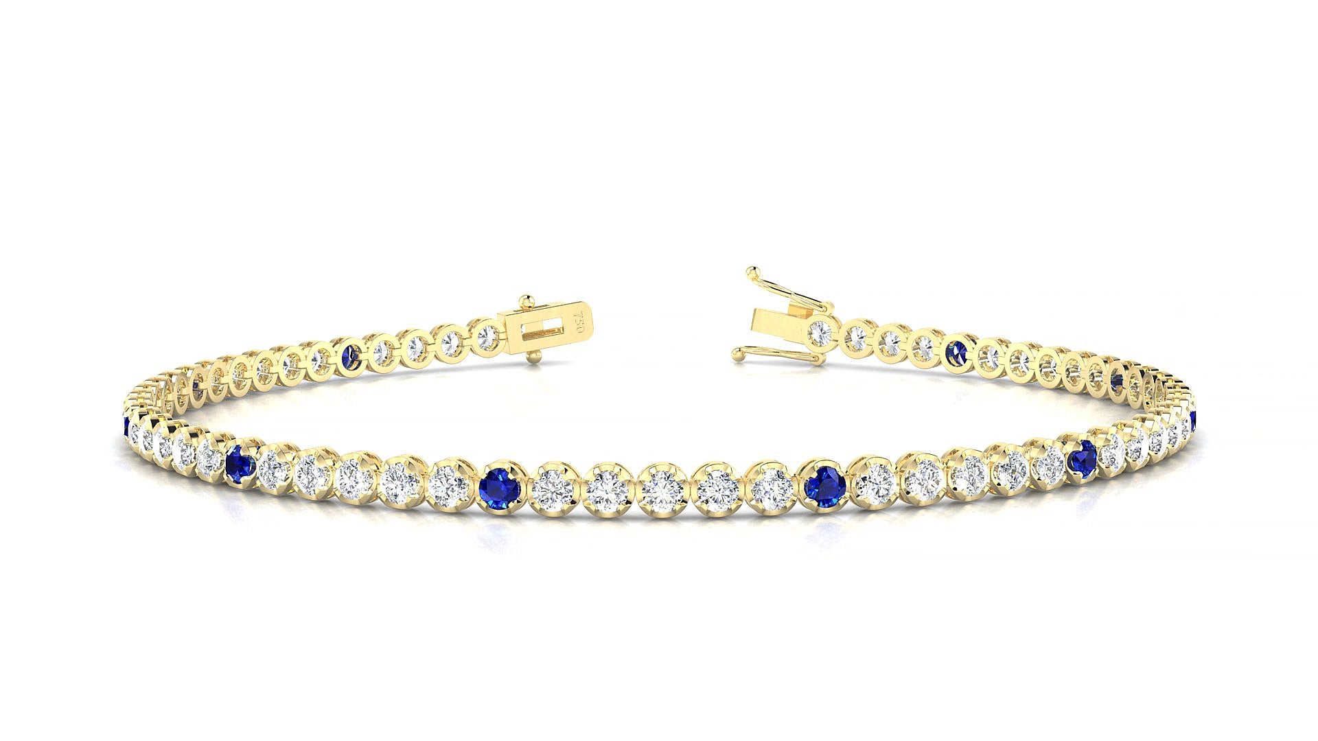 Bengal 1-5 | 18k Yellow Gold 2 mm Round Natural Sapphire & Diamond 19 cm Tennis Bracelet