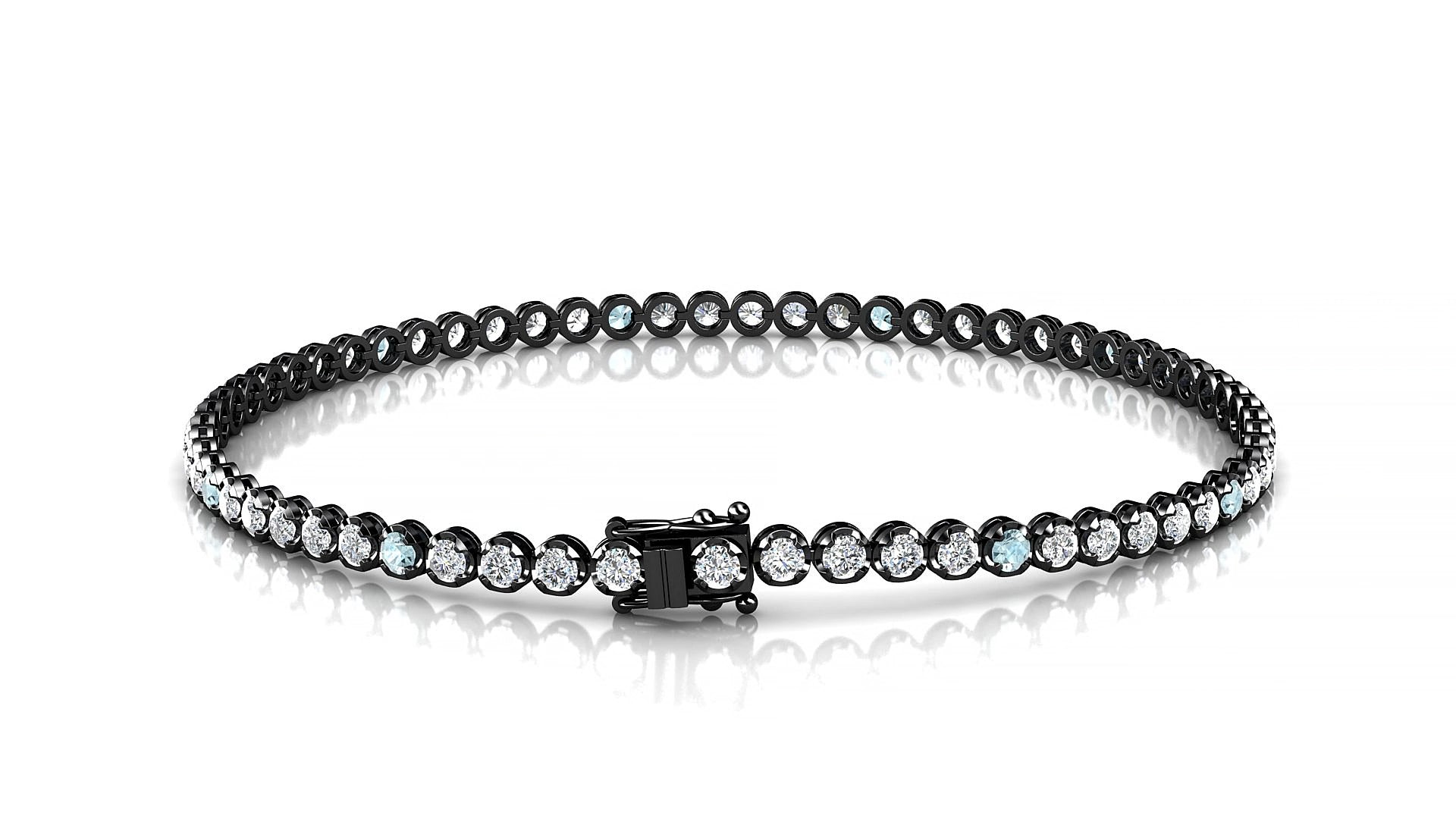 Bengal 1-5 | 18k Black Gold 2 mm Round Natural Aquamarine & Diamond 15 cm Tennis Bracelet