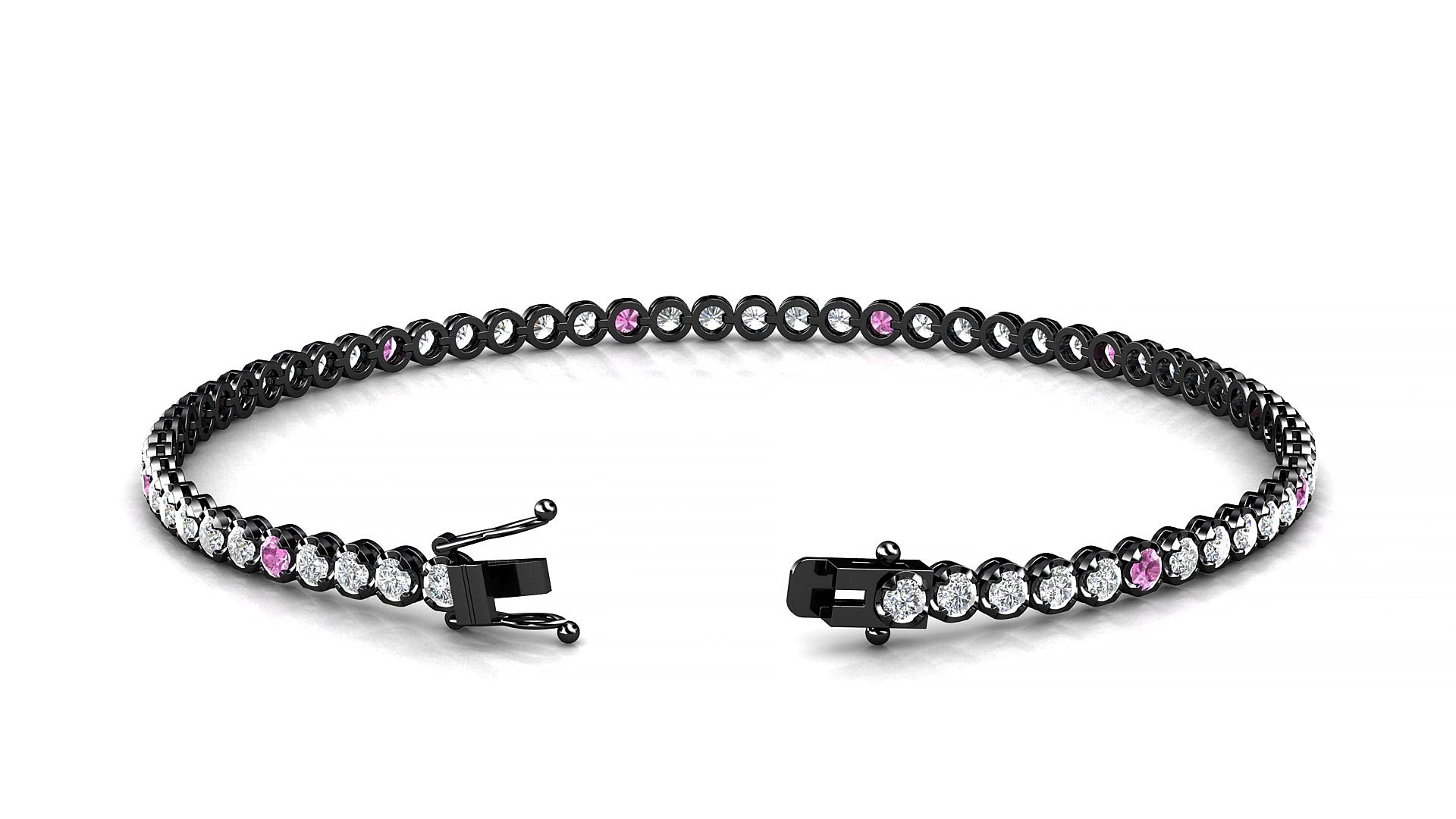 Bengal 1-5 | 18k Black Gold 2 mm Round Natural Pink Sapphire & Diamond 18 cm Tennis Bracelet