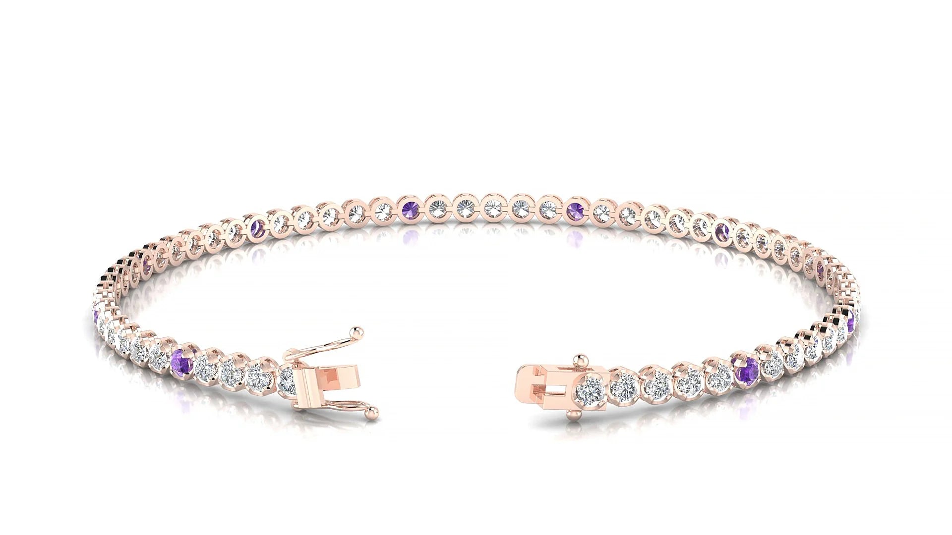 Bengal 1-5 | 18k Rose Gold 2 mm Round Natural Amethyst & Diamond Tennis Bracelet