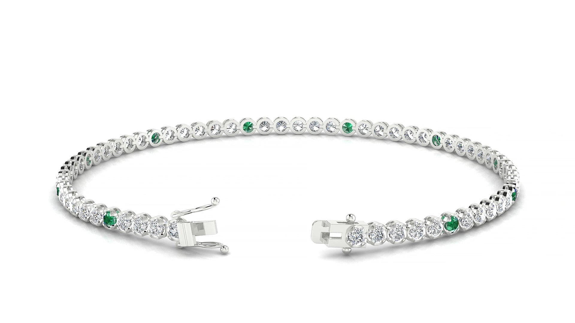 Bengal 1-5 | 18k White Gold 2 mm Round Natural Emerald & Diamond 15 cm Tennis Bracelet