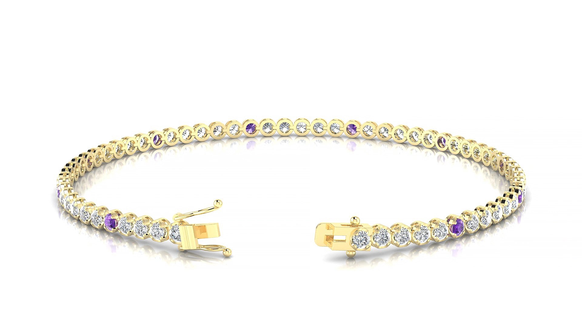 Bengal 1-5 | 18k Yellow Gold 2 mm Round Natural Amethyst & Diamond 17 cm Tennis Bracelet