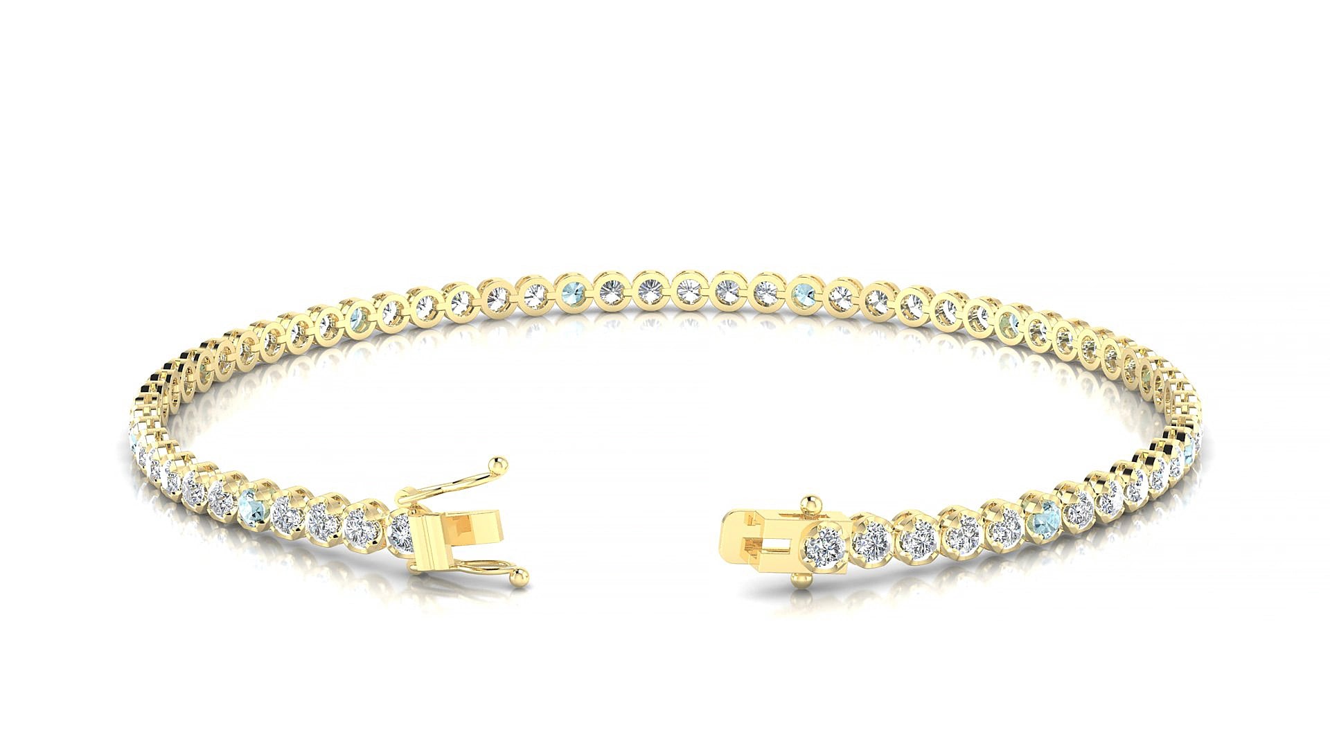 Bengal 1-5 | 18k Yellow Gold 2 mm Round Natural Aquamarine & Diamond 15 cm Tennis Bracelet