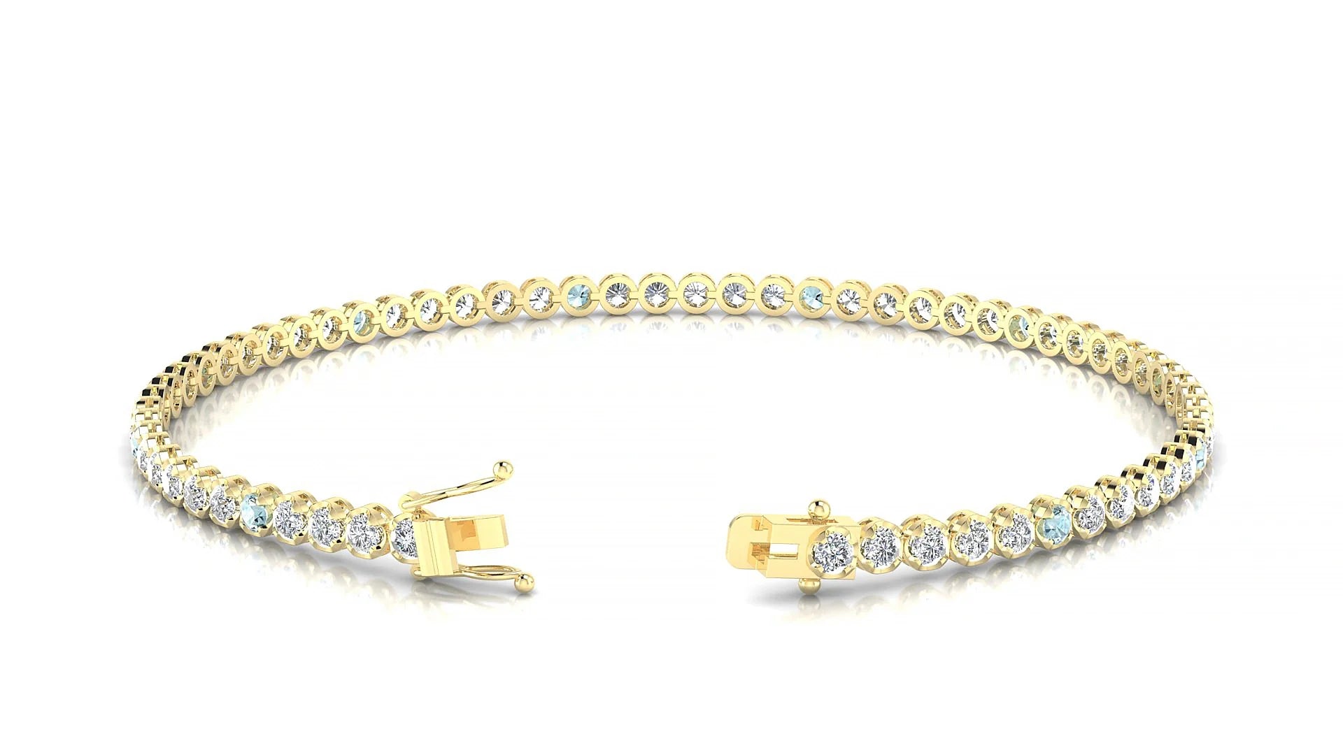 Bengal 1-5 | 18k Yellow Gold 2 mm Round Natural Aquamarine & Diamond Tennis Bracelet