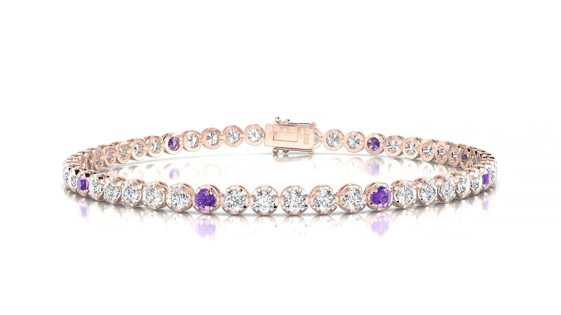 Bengal 1-5 | 18k Rose Gold 2.5 mm Round Natural Amethyst & Diamond Tennis Bracelet