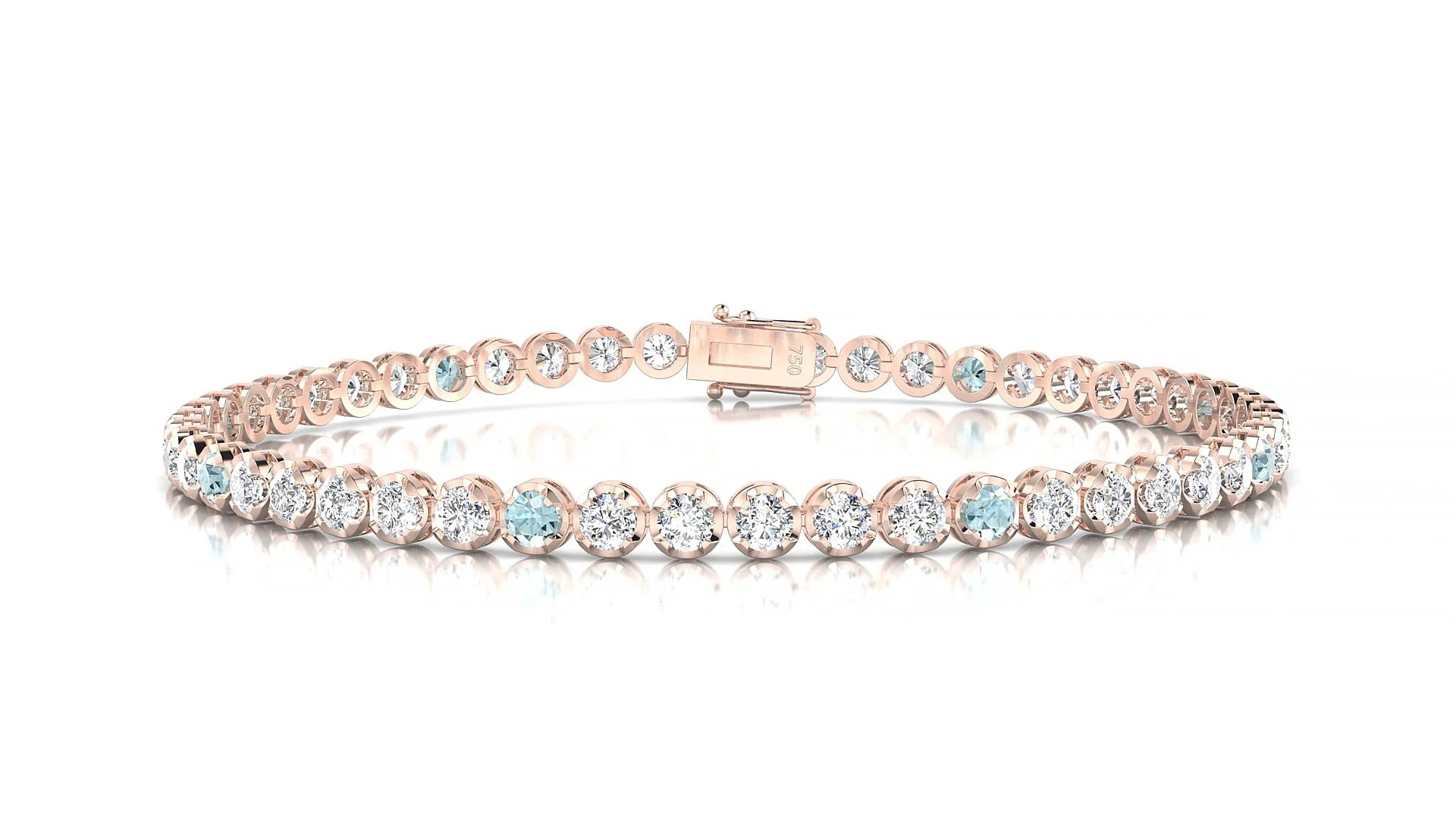 Bengal 1-5 | 18k Rose Gold 2.5 mm Round Natural Aquamarine & Diamond Tennis Bracelet