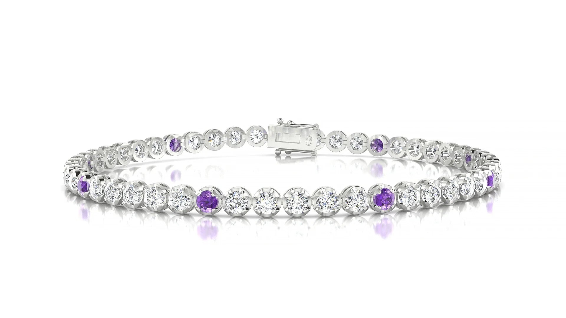 Bengal 1-5 | 18k White Gold 2.5 mm Round Natural Amethyst & Diamond Tennis Bracelet