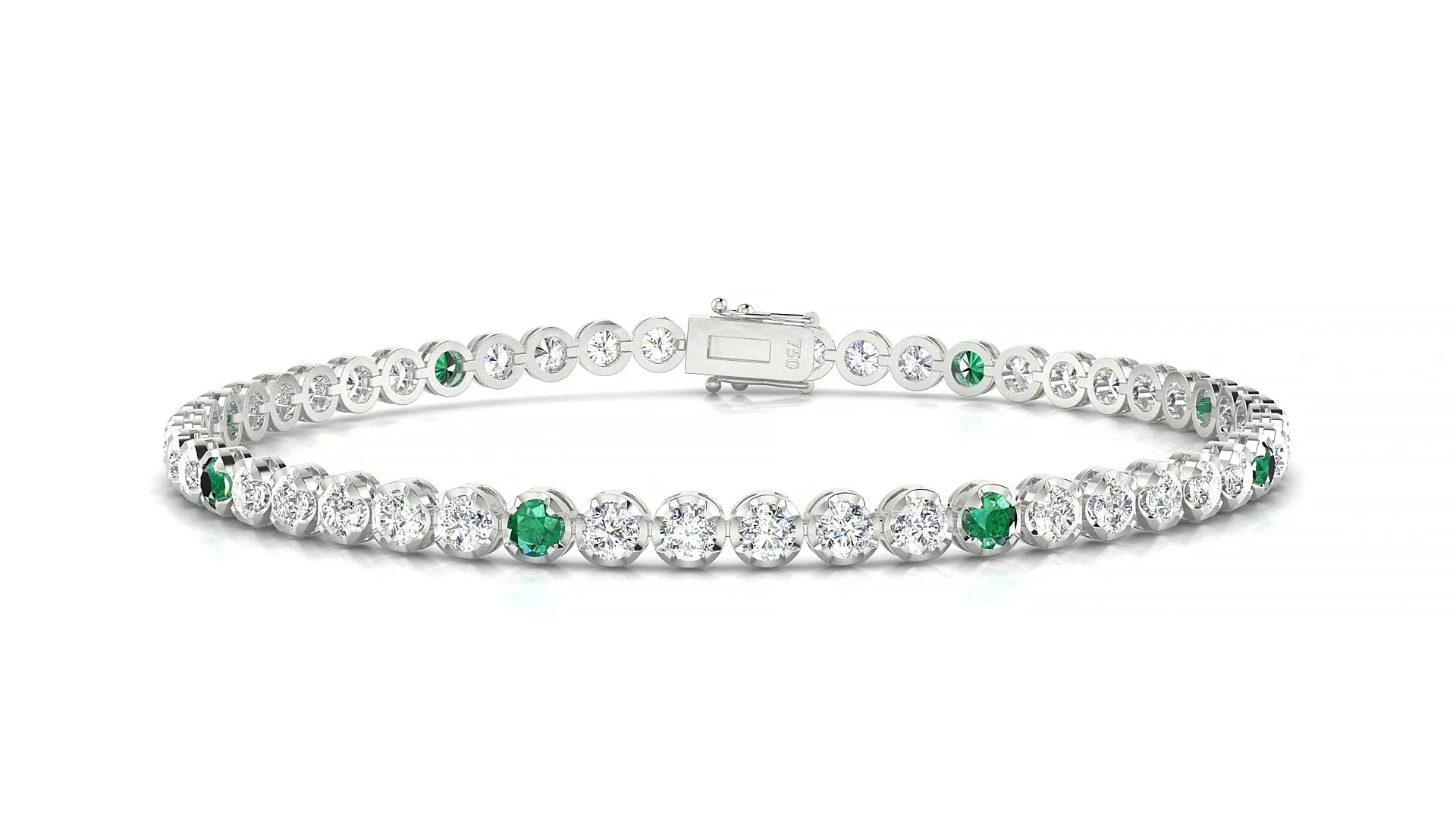 Bengal 1-5 | 18k White Gold 2.5 mm Round Natural Emerald & Diamond Tennis Bracelet
