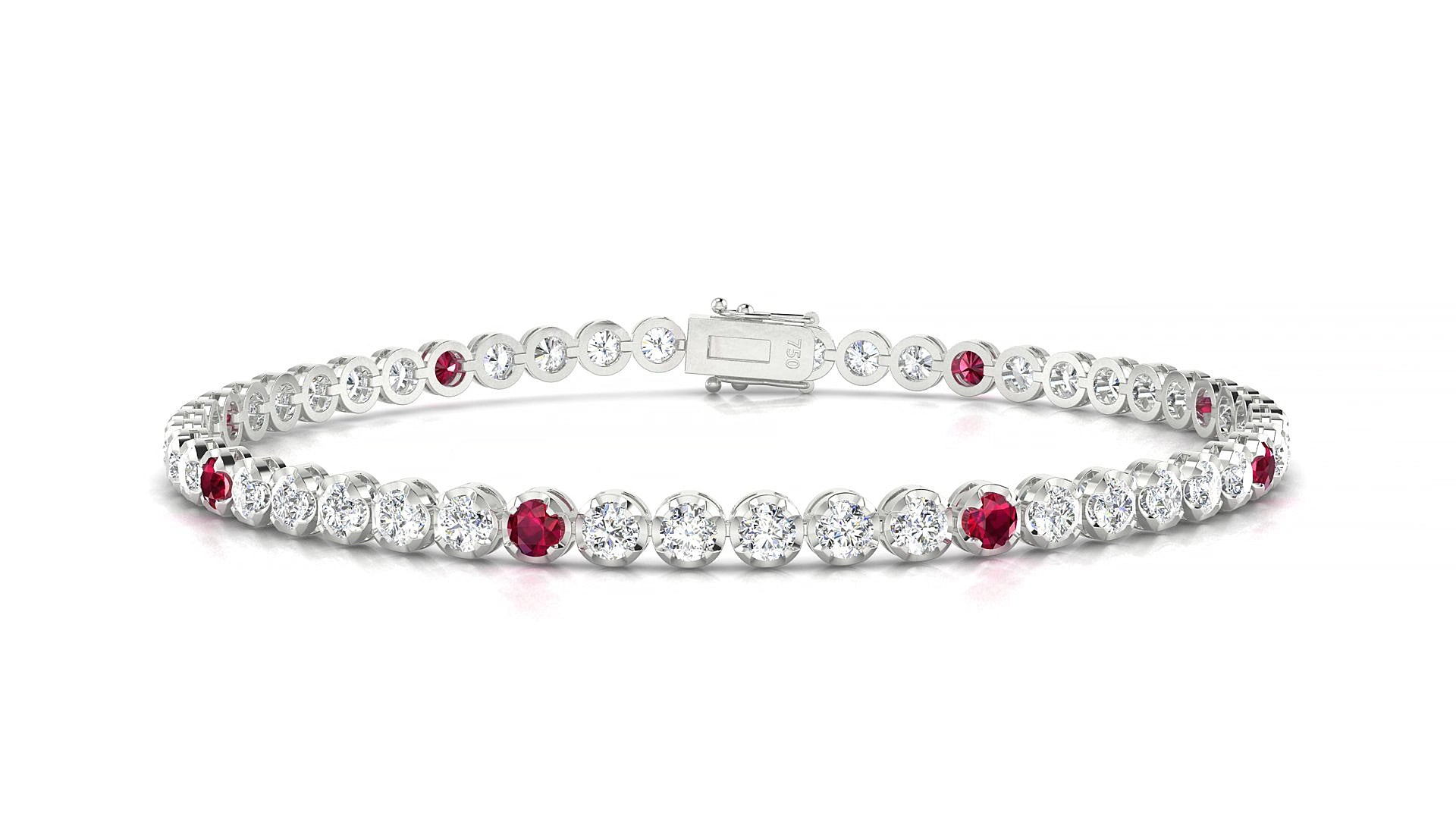 Bengal 1-5 | 18k White Gold 2.5 mm Round Natural Ruby & Diamond 15 cm Tennis Bracelet