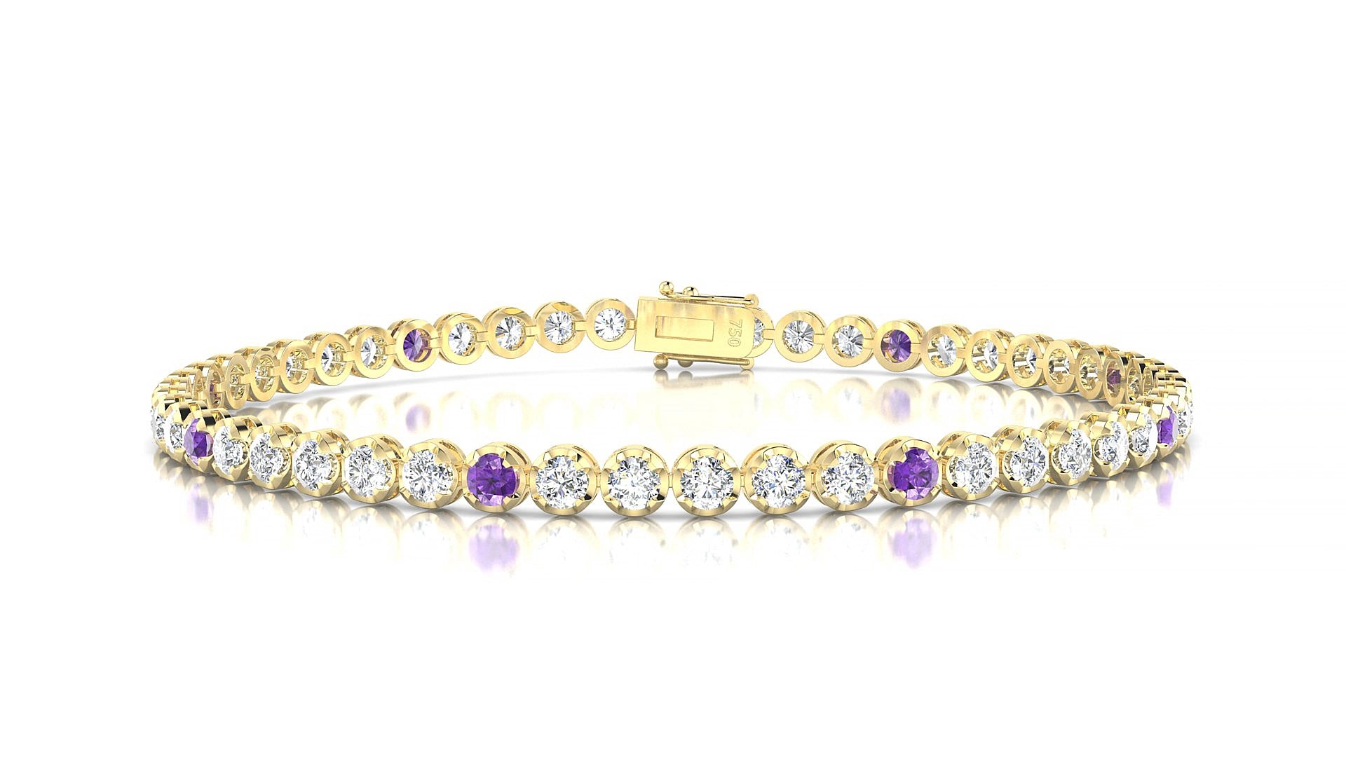 Bengal 1-5 | 18k Yellow Gold 2.5 mm Round Natural Amethyst & Diamond 15 cm Tennis Bracelet