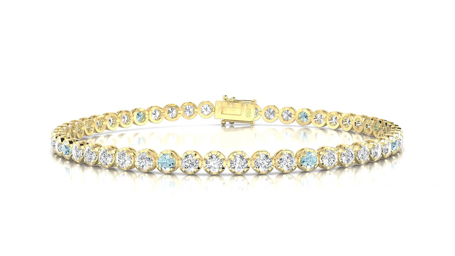 Bengal 1-5 | 18k Yellow Gold 2.5 mm Round Natural Aquamarine & Diamond Tennis Bracelet