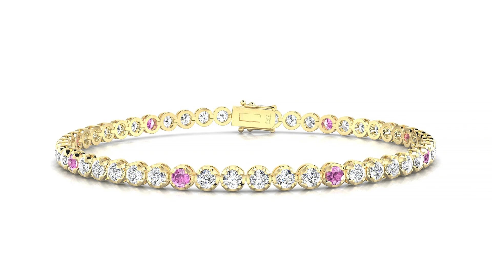 Bengal 1-5 | 18k Yellow Gold 2.5 mm Round Natural Pink Sapphire & Diamond Tennis Bracelet