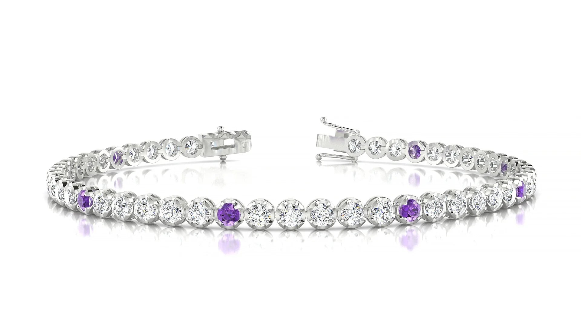 Bengal 1-5 | 18k White Gold 2.5 mm Round Natural Amethyst & Diamond Tennis Bracelet