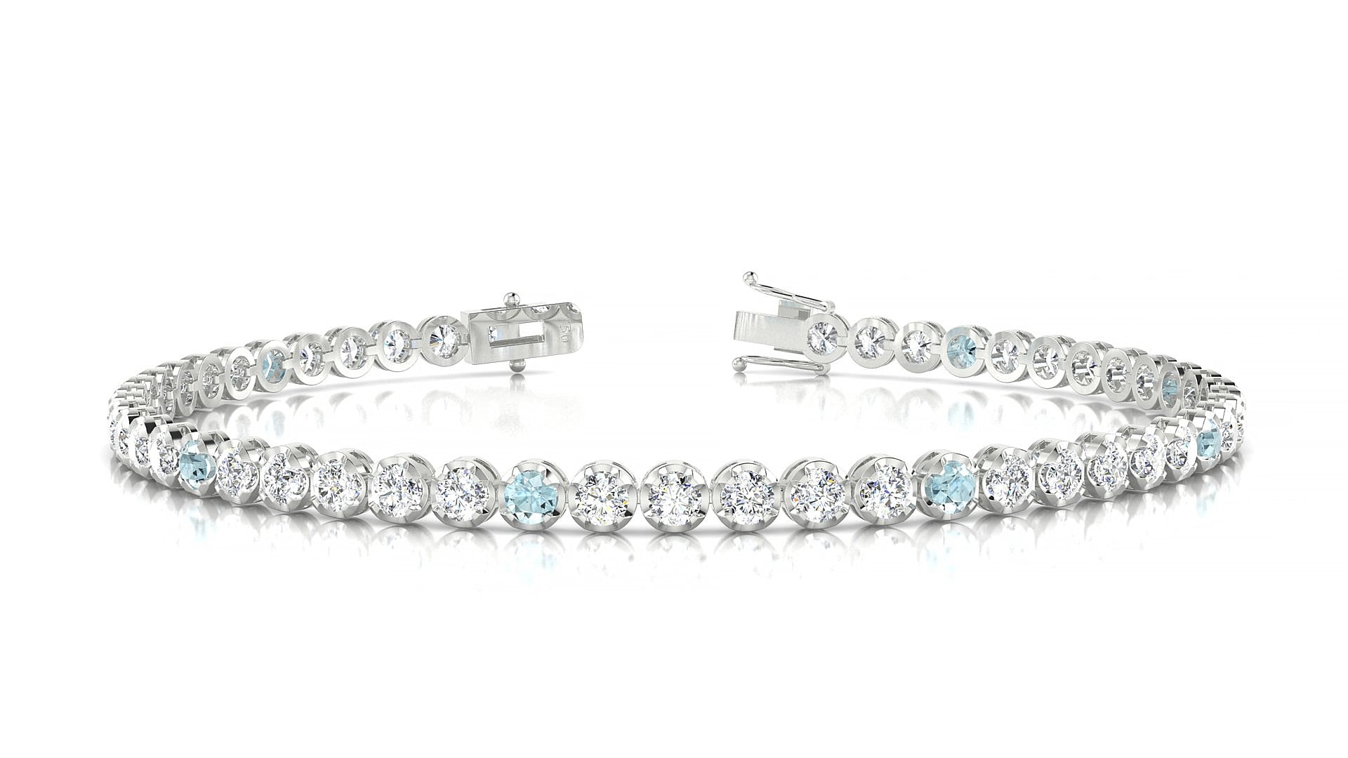 Bengal 1-5 | 18k White Gold 2.5 mm Round Natural Aquamarine & Diamond 15 cm Tennis Bracelet