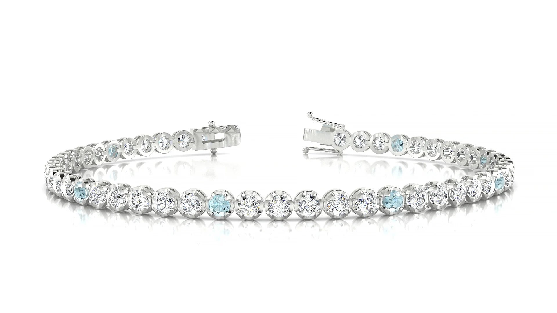 Bengal 1-5 | 18k White Gold 2.5 mm Round Natural Aquamarine & Diamond Tennis Bracelet