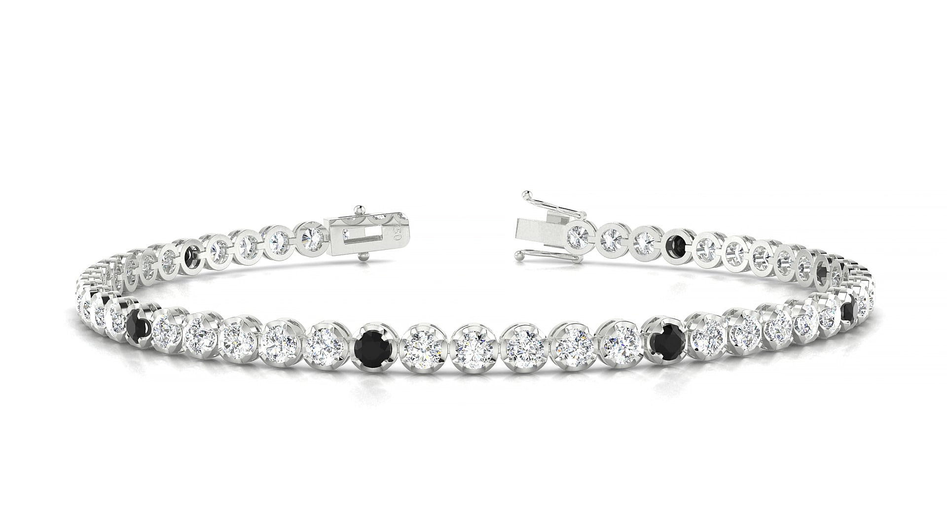 Bengal 1-5 | 18k White Gold 2.5 mm Round Natural Black Diamond & Diamond 20 cm Tennis Bracelet