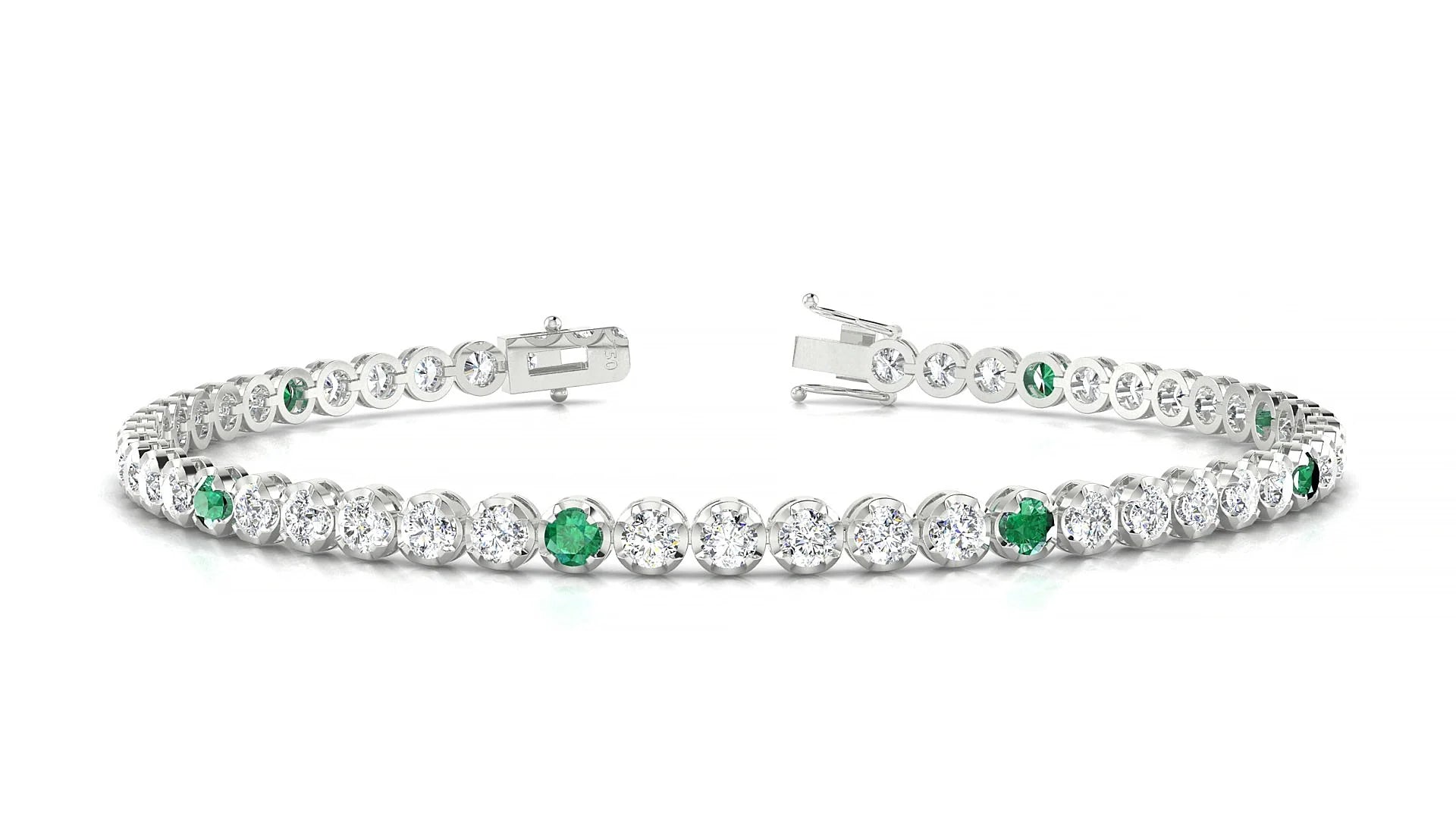 Bengal 1-5 | 18k White Gold 2.5 mm Round Natural Emerald & Diamond Tennis Bracelet