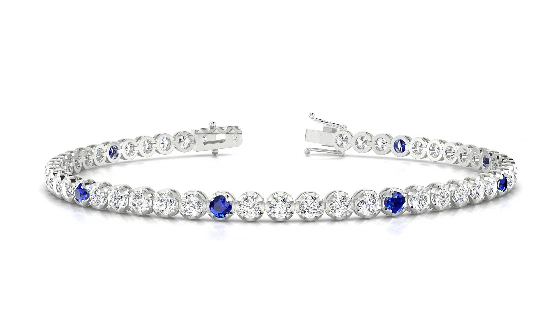 Bengal 1-5 | 18k White Gold 2.5 mm Round Natural Sapphire & Diamond 19 cm Tennis Bracelet
