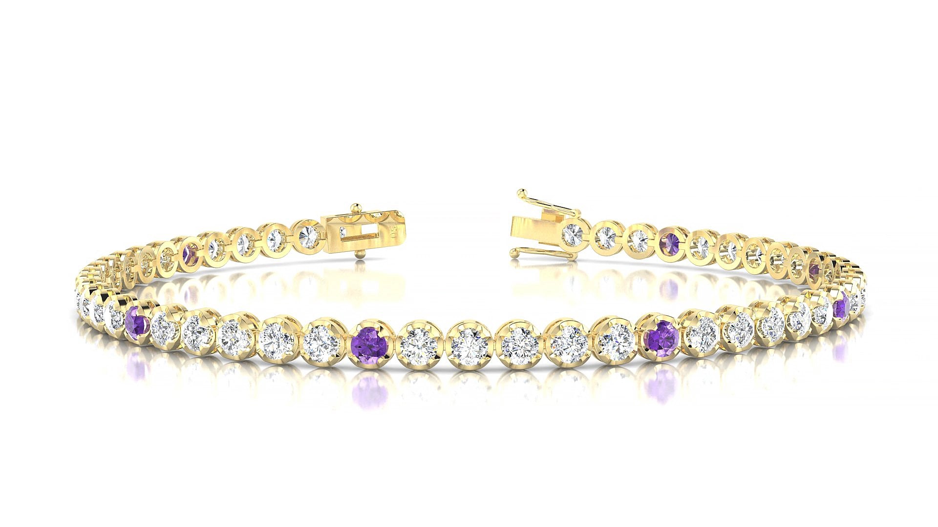 Bengal 1-5 | 18k Yellow Gold 2.5 mm Round Natural Amethyst & Diamond 17 cm Tennis Bracelet