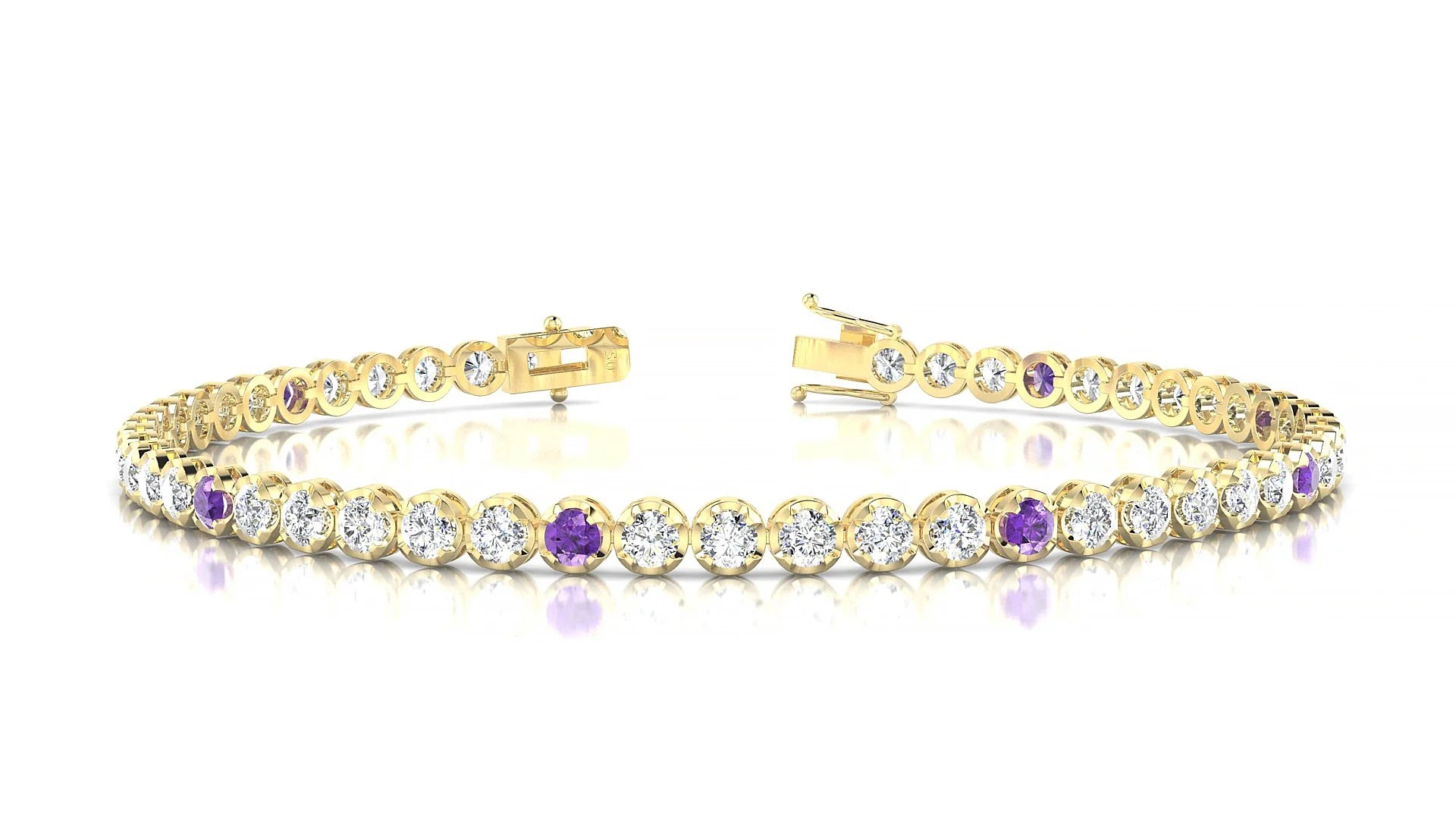 Bengal 1-5 | 18k Yellow Gold 2.5 mm Round Natural Amethyst & Diamond Tennis Bracelet