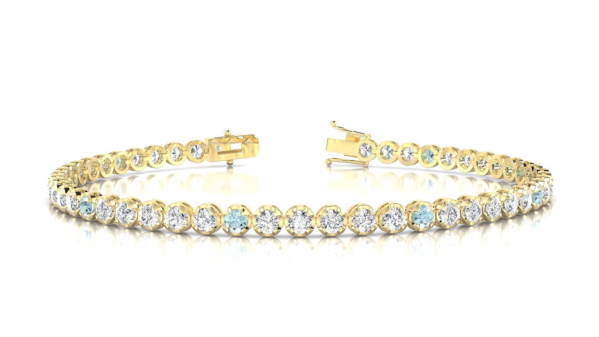 Bengal 1-5 | 18k Yellow Gold 2.5 mm Round Natural Aquamarine & Diamond 15 cm Tennis Bracelet