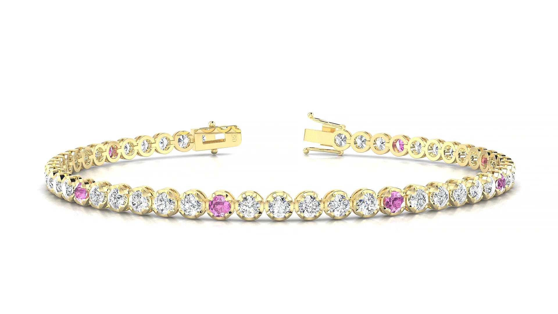 Bengal 1-5 | 18k Yellow Gold 2.5 mm Round Natural Pink Sapphire & Diamond Tennis Bracelet