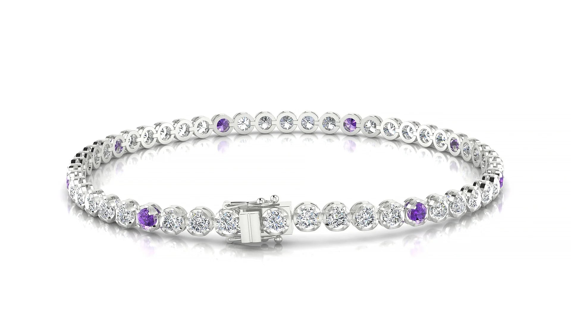 Bengal 1-5 | 18k White Gold 2.5 mm Round Natural Amethyst & Diamond Tennis Bracelet