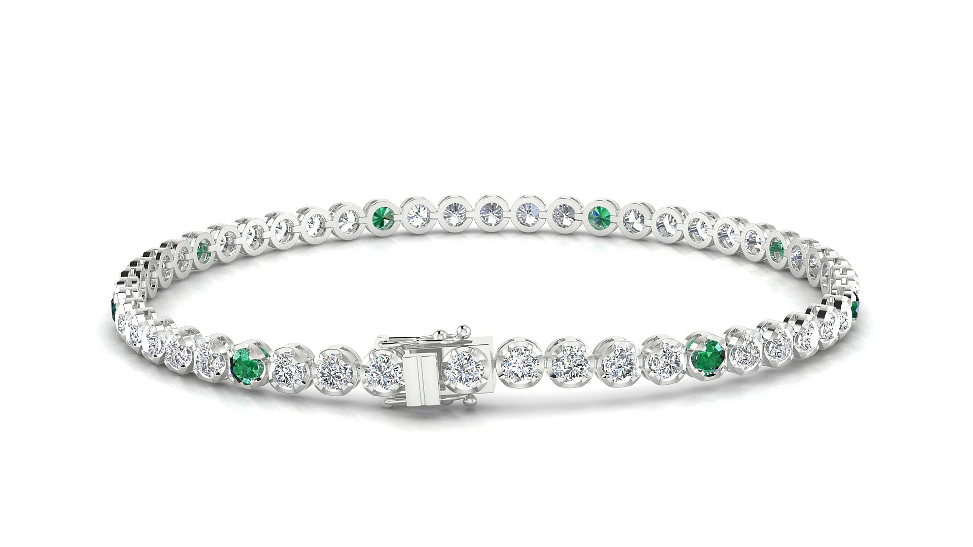 Bengal 1-5 | 18k White Gold 2.5 mm Round Natural Emerald & Diamond 15 cm Tennis Bracelet