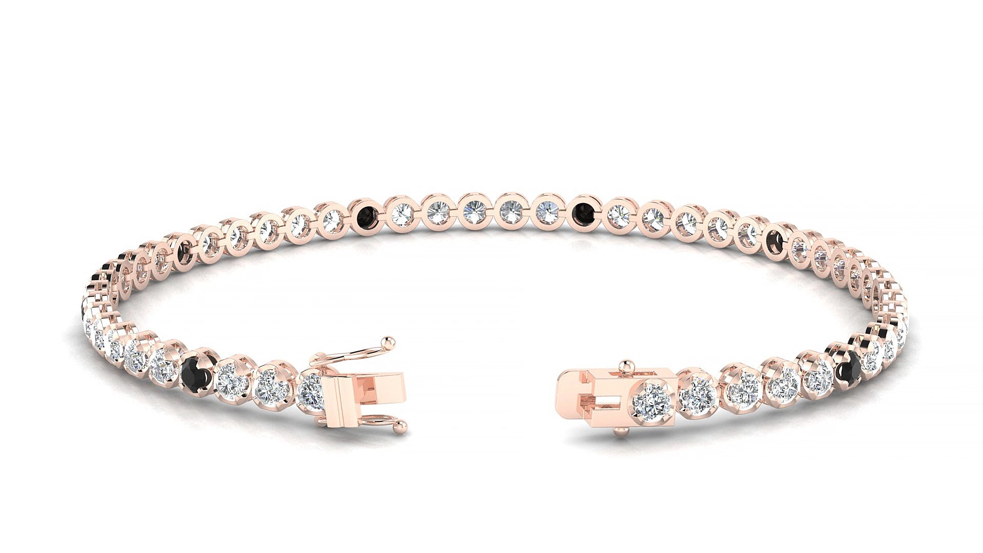 Bengal 1-5 | 18k Rose Gold 2.5 mm Round Natural Black Diamond & Diamond 15 cm Tennis Bracelet