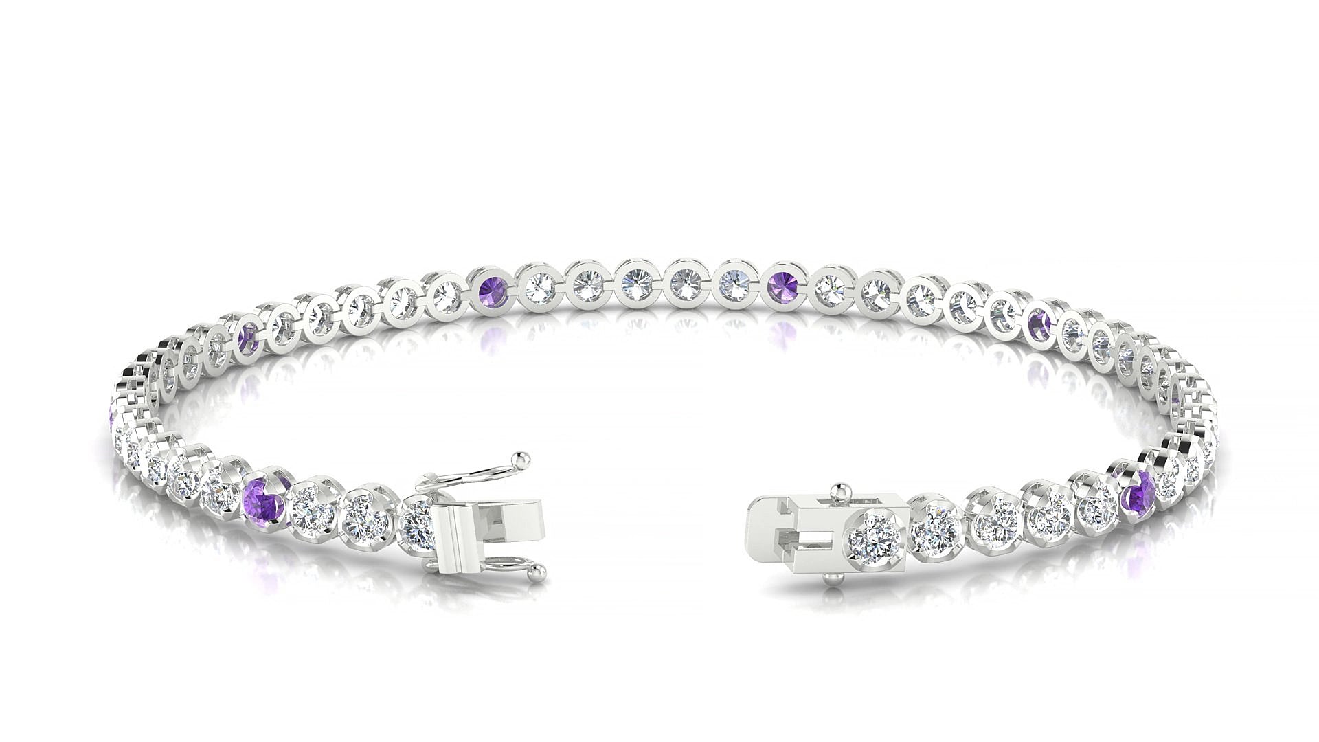 Bengal 1-5 | 18k White Gold 2.5 mm Round Natural Amethyst & Diamond 19 cm Tennis Bracelet
