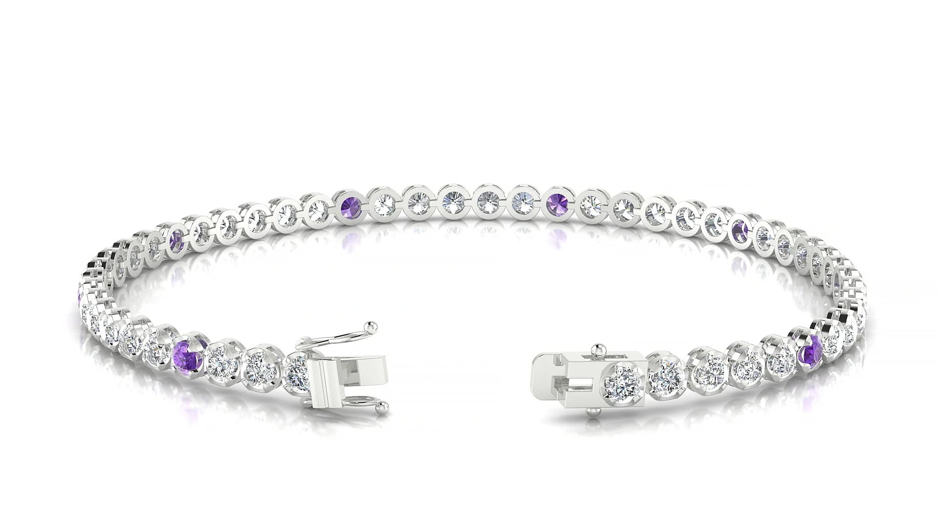 Bengal 1-5 | 18k White Gold 2.5 mm Round Natural Amethyst & Diamond Tennis Bracelet