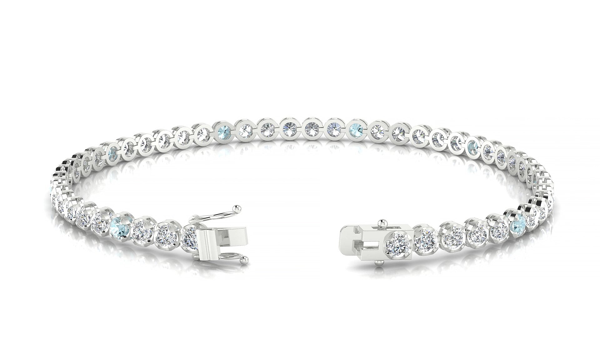 Bengal 1-5 | 18k White Gold 2.5 mm Round Natural Aquamarine & Diamond 15 cm Tennis Bracelet