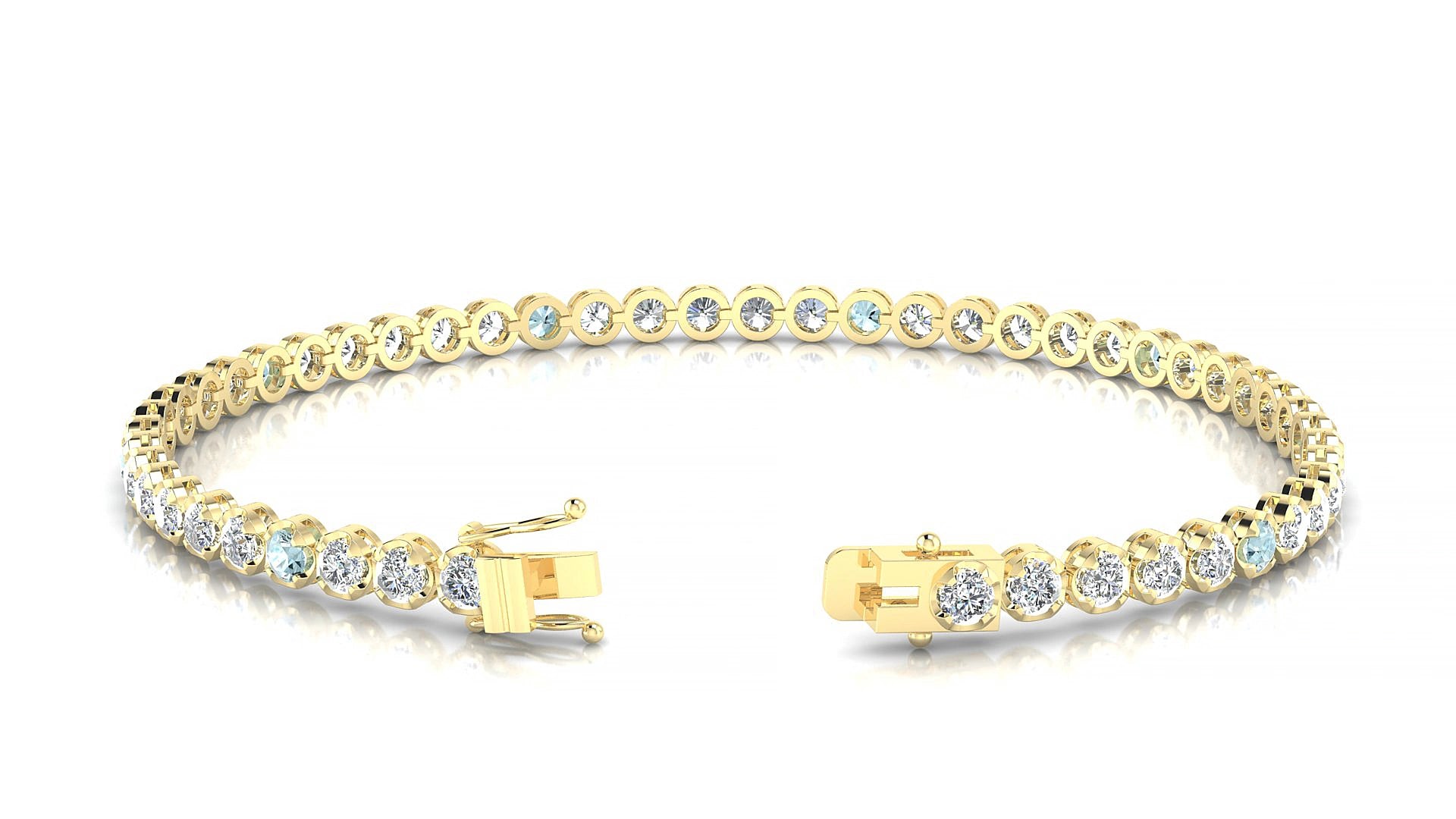 Bengal 1-5 | 18k Yellow Gold 2.5 mm Round Natural Aquamarine & Diamond 15 cm Tennis Bracelet